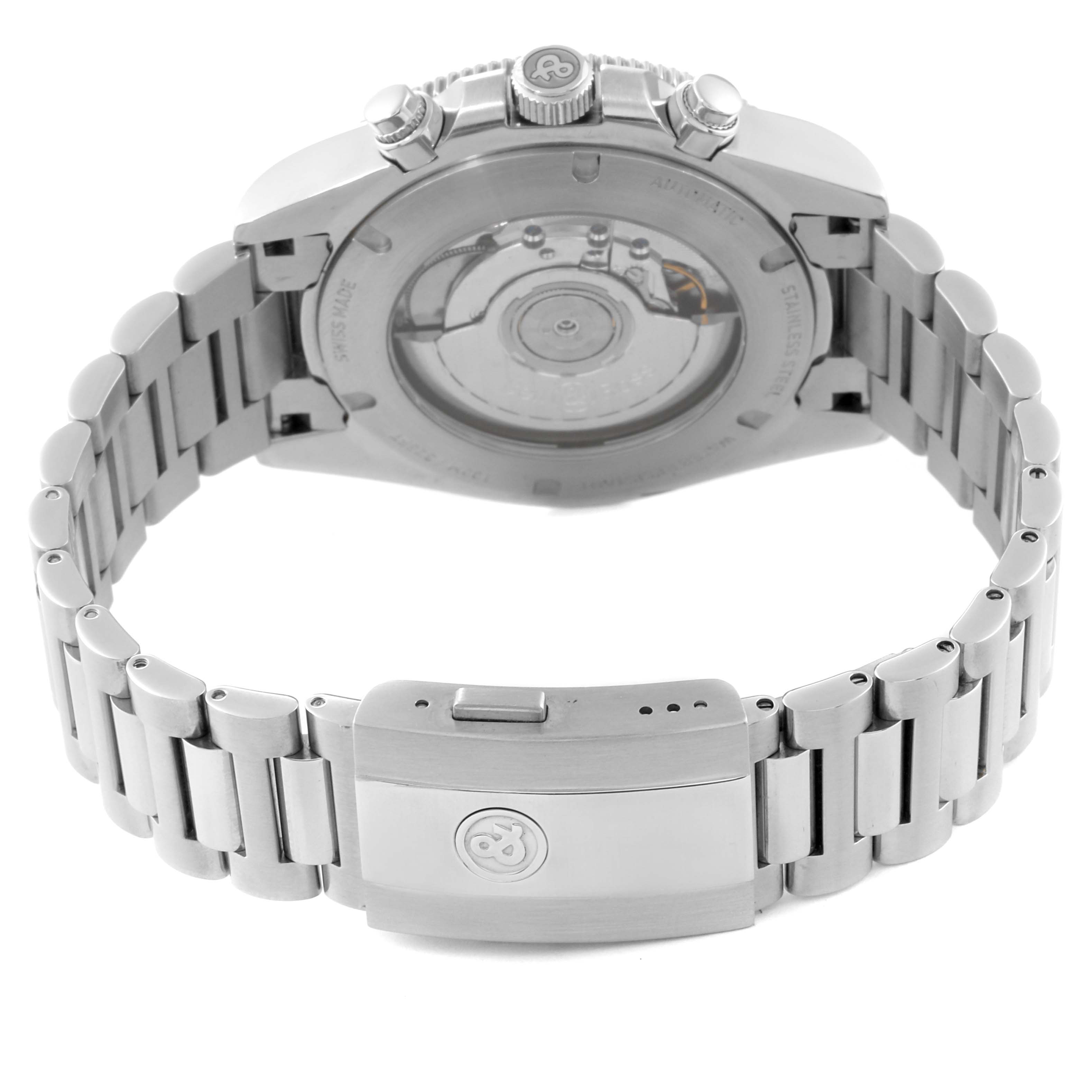 The image shows the back view of a Bell 
Ross Heritage BRV394-BL-ST/SST Men
s Stainless Steel Black Dial BRV394-BL-ST/SST Men
s Stainless Steel Black Dial model watch, highlighting its stainless steel caseback and bracelet.