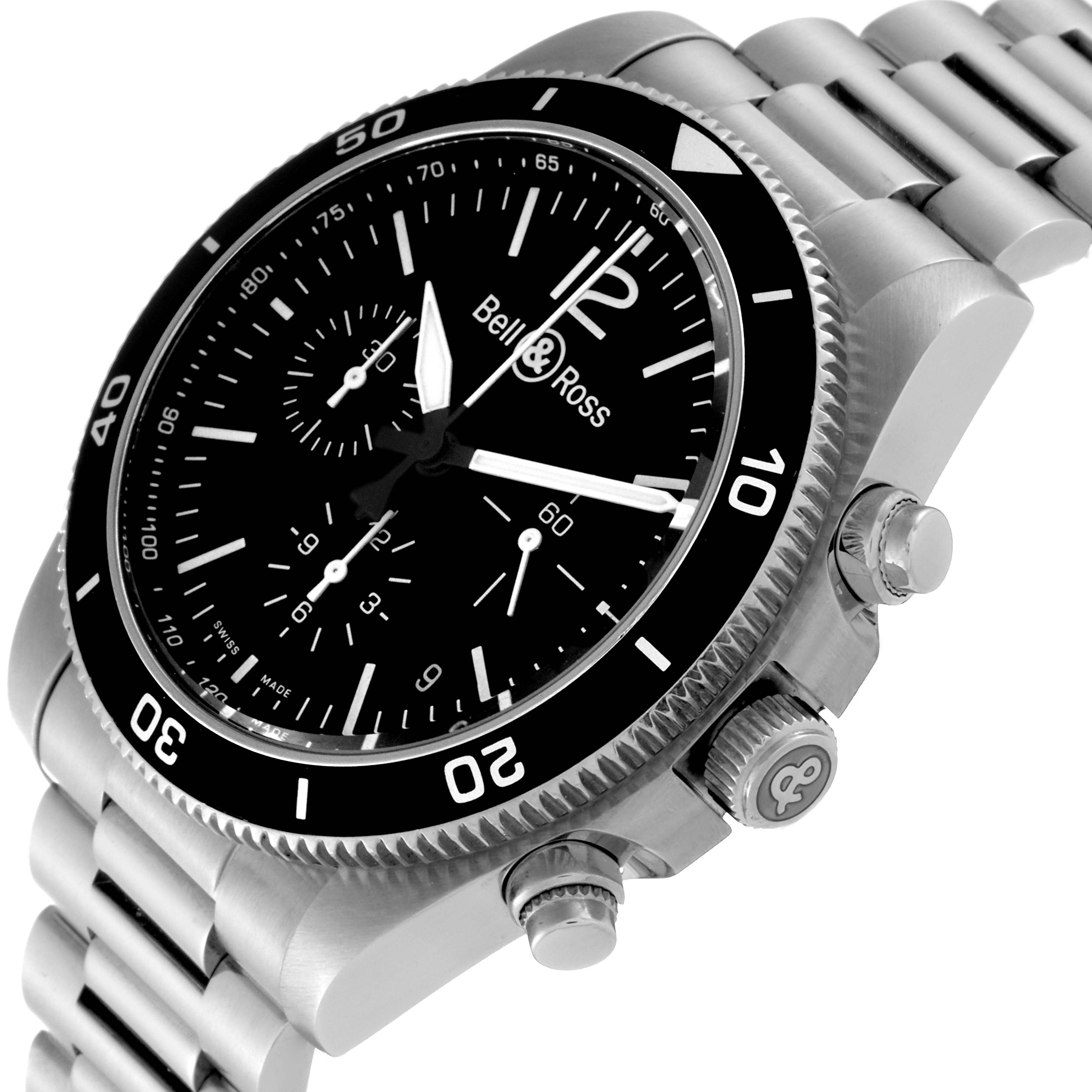 The image shows a Bell 
Ross Heritage BRV394-BL-ST/SST Men
s Stainless Steel Black Dial BRV394-BL-ST/SST Men
s Stainless Steel Black Dial model watch at an angle, highlighting its face, bezel, and metal bracelet.