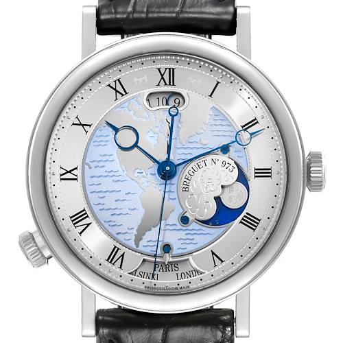 The image shows a front view of the Breguet Classique watch face, highlighting its detailed dial and Roman numerals.