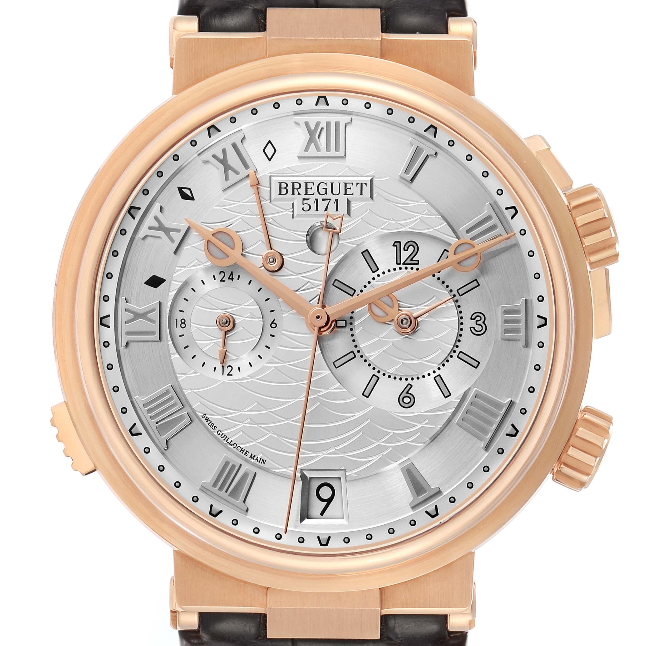 The Breguet Marine 5547 Men
s Rose Gold Silver Dial watch is shown from the front, highlighting its dial, Roman numerals, and sub-dials.