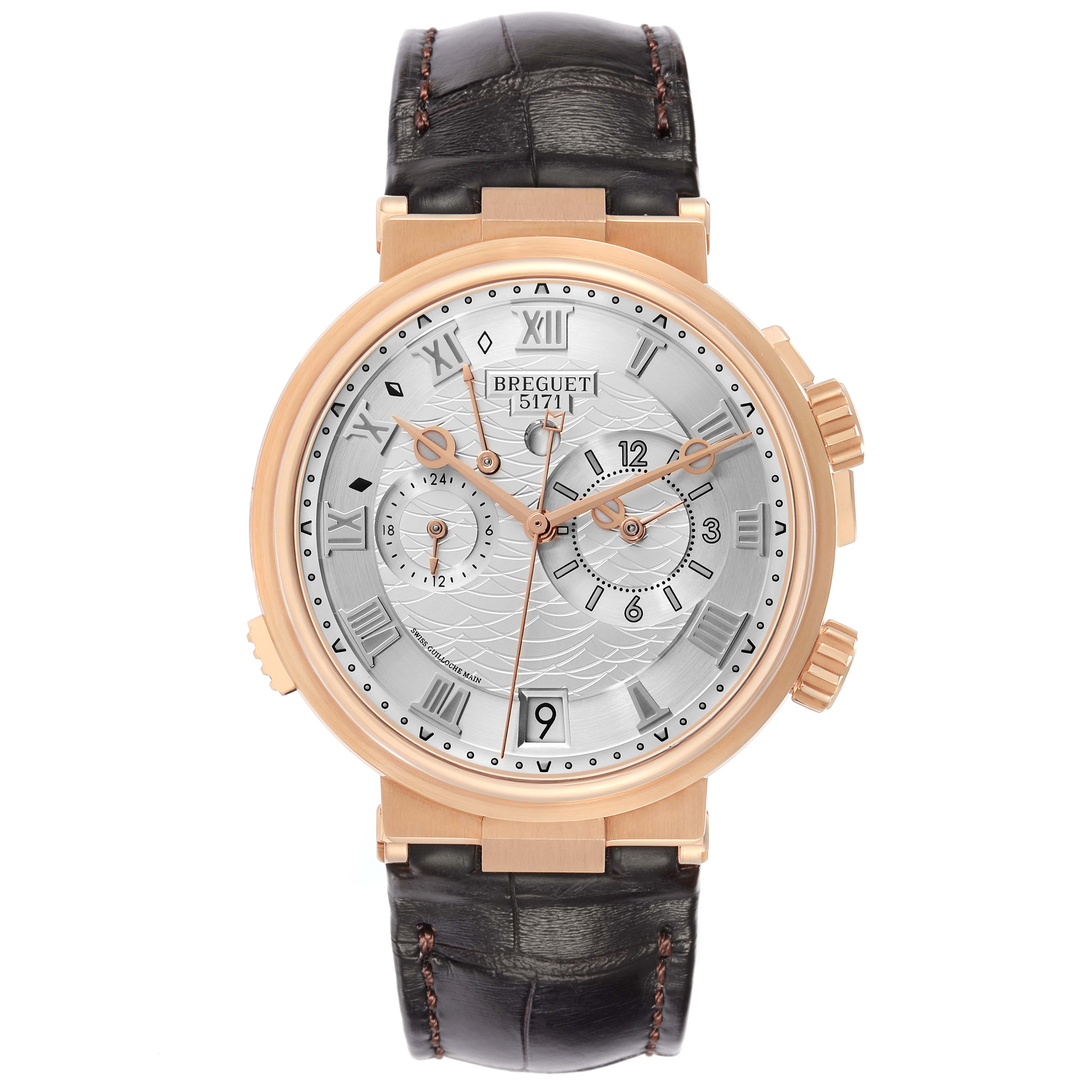 The Breguet Marine 5547 Men
s Rose Gold Silver Dial watch is shown from a front view, displaying its face, dials, and leather strap.