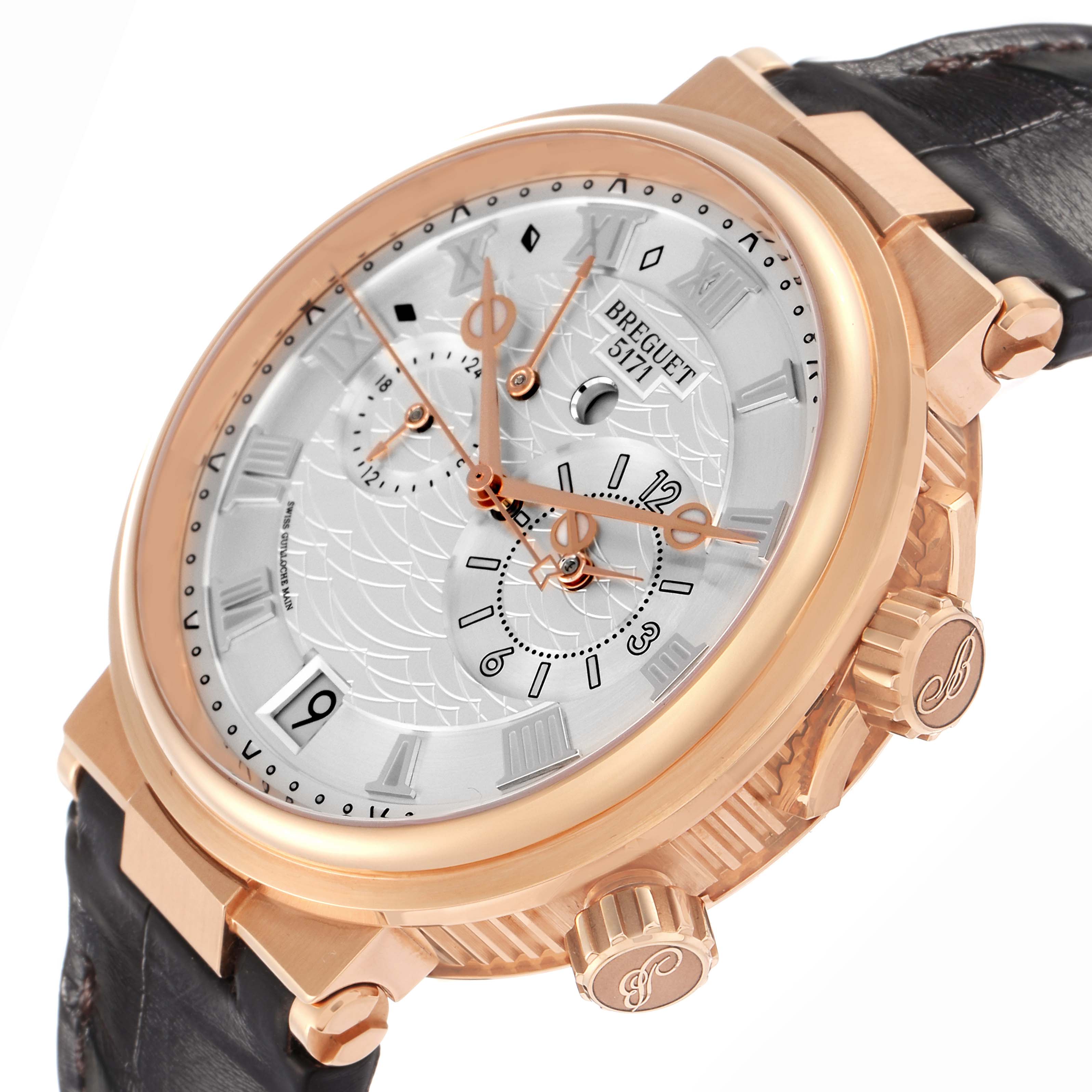 The Breguet Marine 5547 Men
s Rose Gold Silver Dial watch is shown at a three-quarter angle, highlighting the face, bezel, crown, and leather strap.