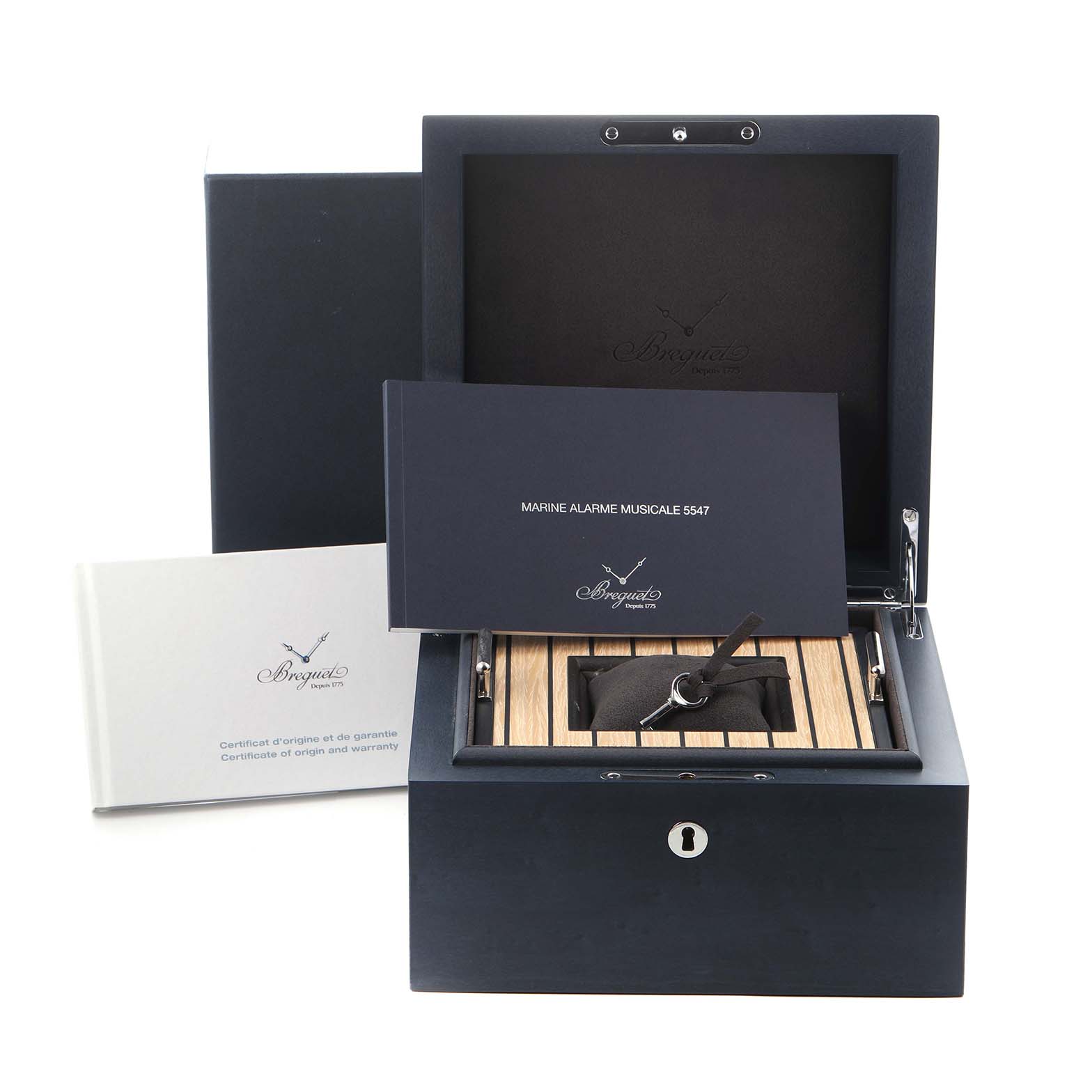 The image shows a Breguet Marine 5547 Men
s Rose Gold Silver Dial watch box with open lid, manuals, and watch displayed inside, viewed from a front angle.