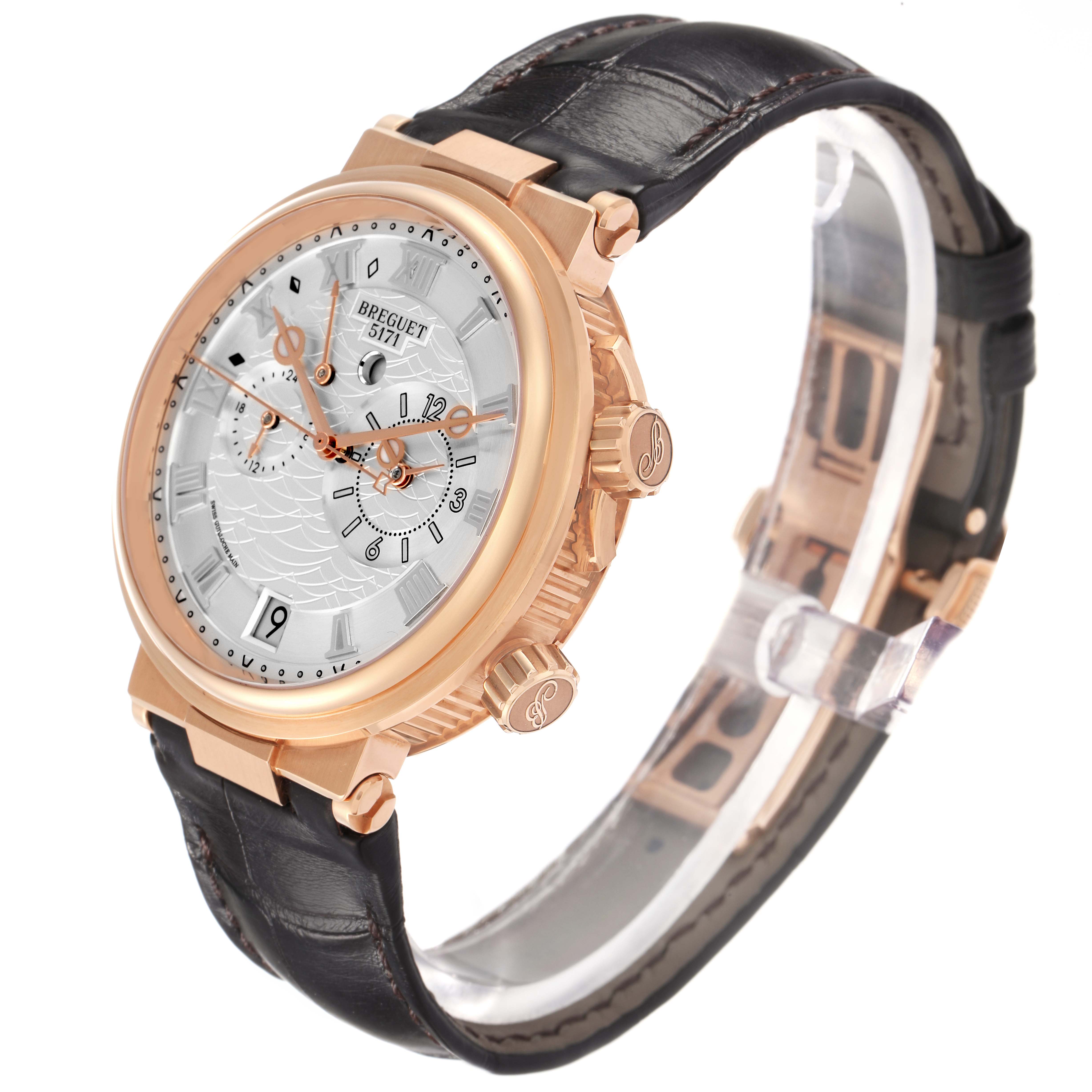 The Breguet Marine 5547 Men
s Rose Gold Silver Dial watch is shown at a side angle, highlighting its dial, crown, pushers, and leather strap.