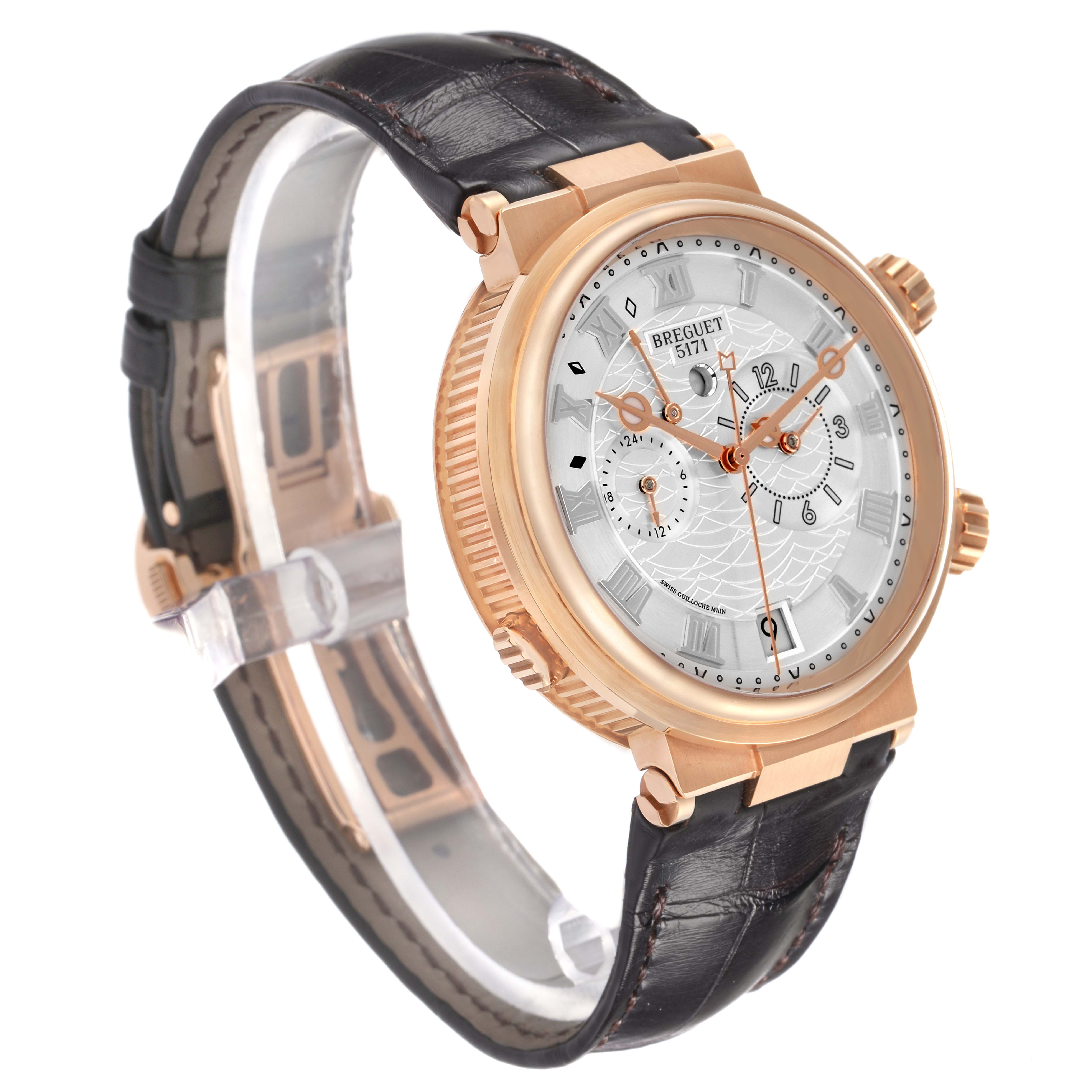 The Breguet Marine 5547 Men
s Rose Gold Silver Dial is shown at a three-quarter angle, highlighting the dial, case, and leather strap.