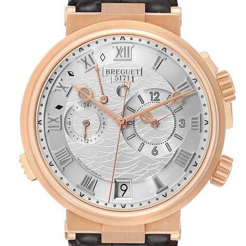 The Breguet Marine model 5547 men's watch is shown from a front angle, highlighting the dial, hands, chronographs, and case details.