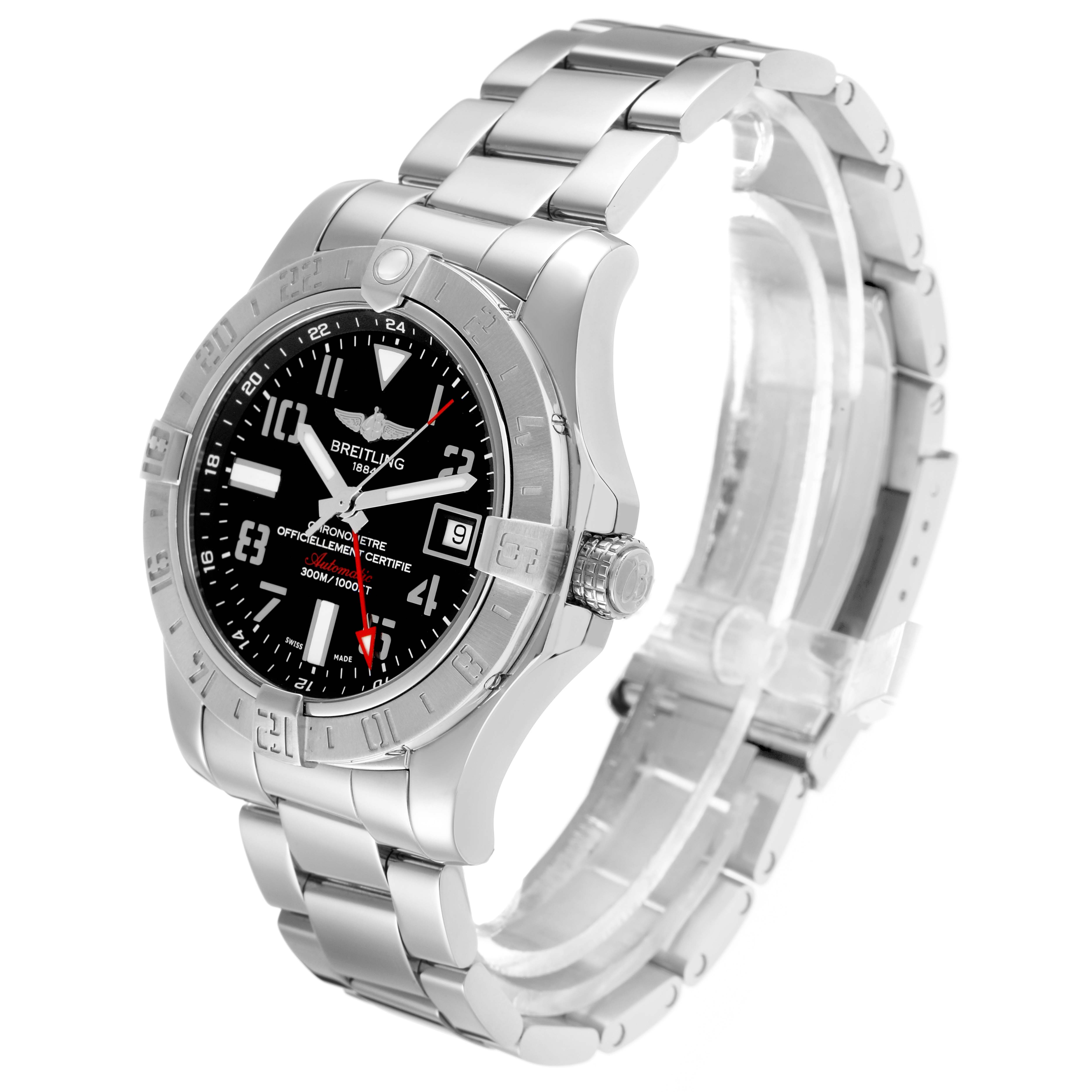 The Breitling Avenger A32390 Men
s Stainless Steel Black Dial watch is shown at a slight side angle, displaying its dial, bezel, crown, and stainless steel bracelet.