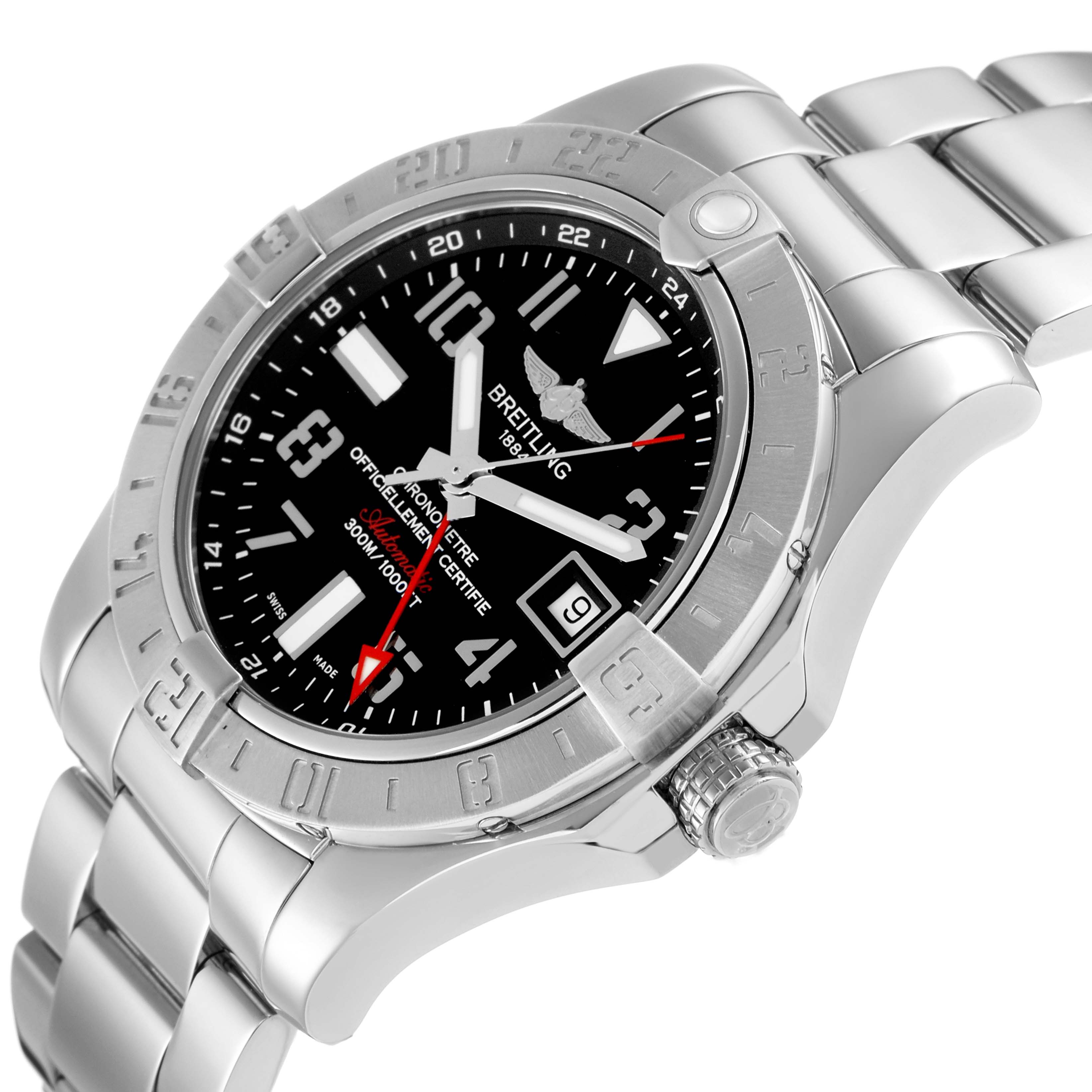 The Breitling Avenger A32390 Men
s Stainless Steel Black Dial watch is shown at a slight angle, displaying its dial, bezel, crown, and part of the bracelet.