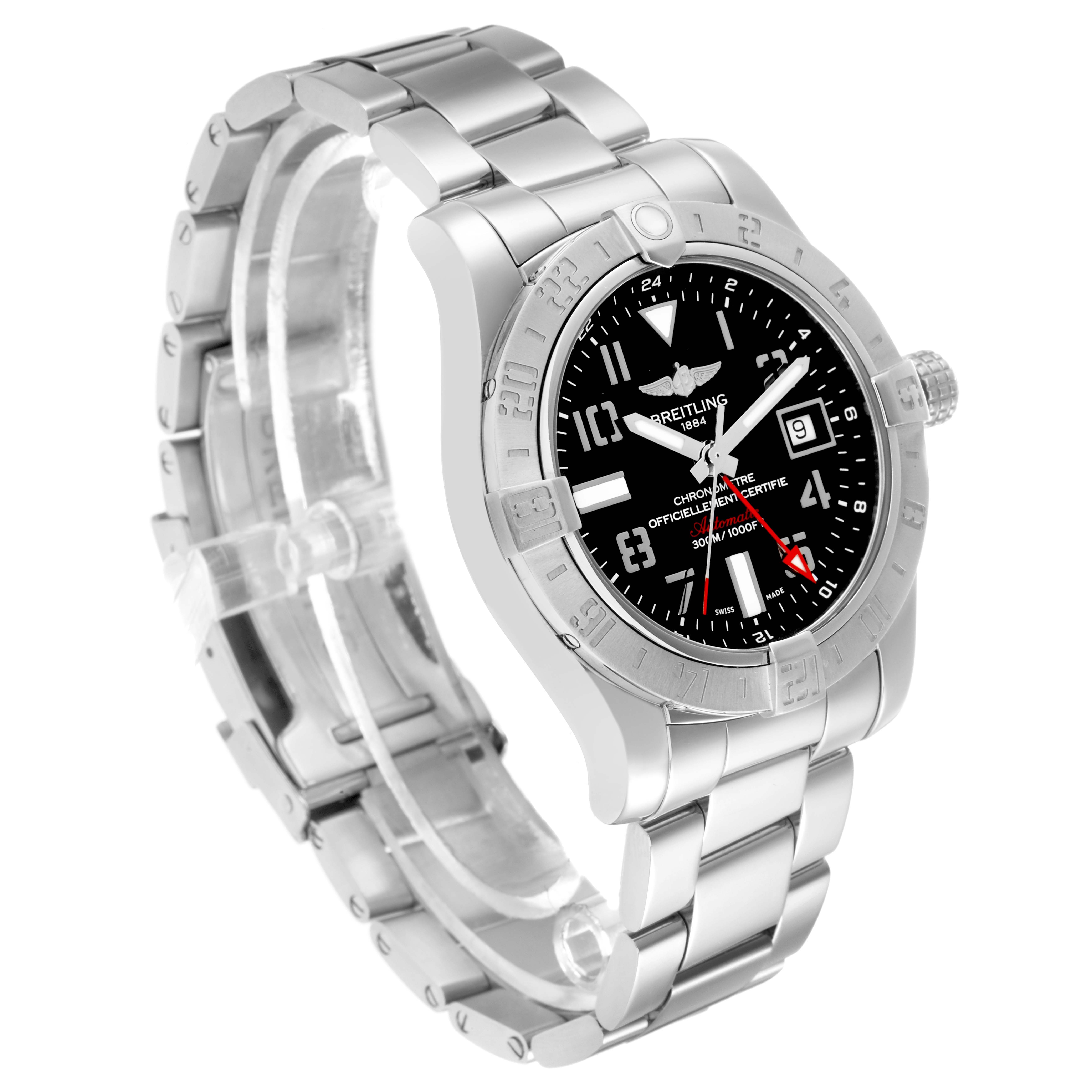The Breitling Avenger A32390 Men
s Stainless Steel Black Dial watch is shown at a three-quarter angle, displaying its bezel, dial, case, bracelet, and crown.