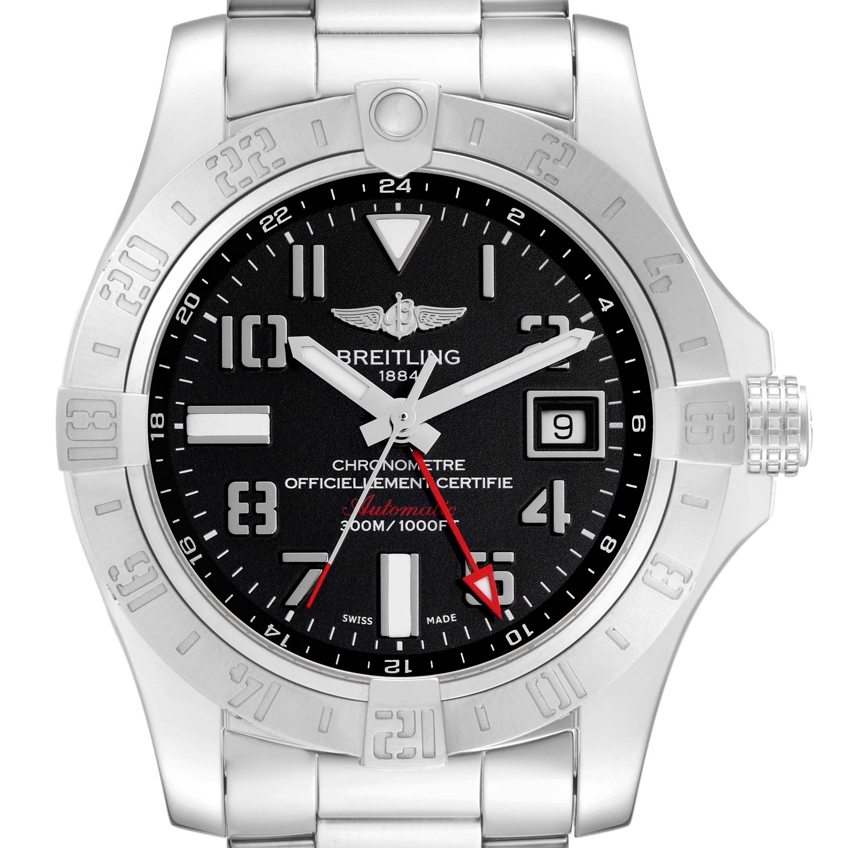 The Breitling Avenger A32390 Men
s Stainless Steel Black Dial watch is shown from a frontal angle, displaying its face, bezel, and bracelet.