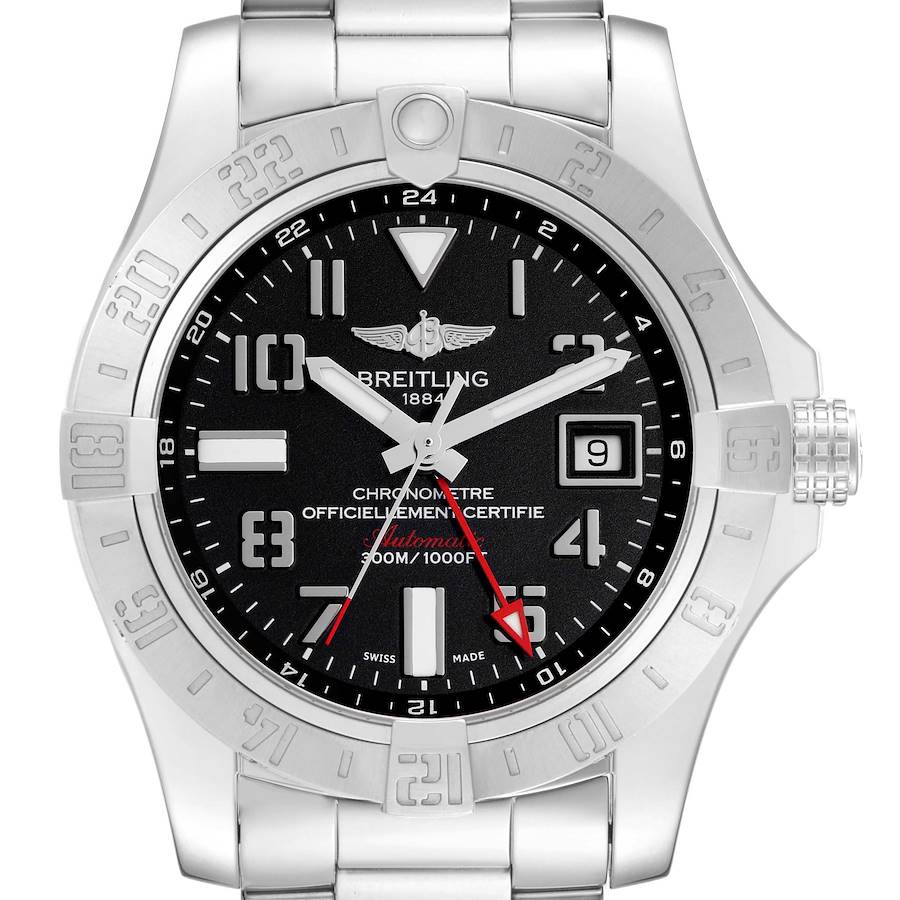 The image shows a Breitling Avenger Model A32390 men's watch face from a top view, highlighting the bezel, dial, hands, and date display.