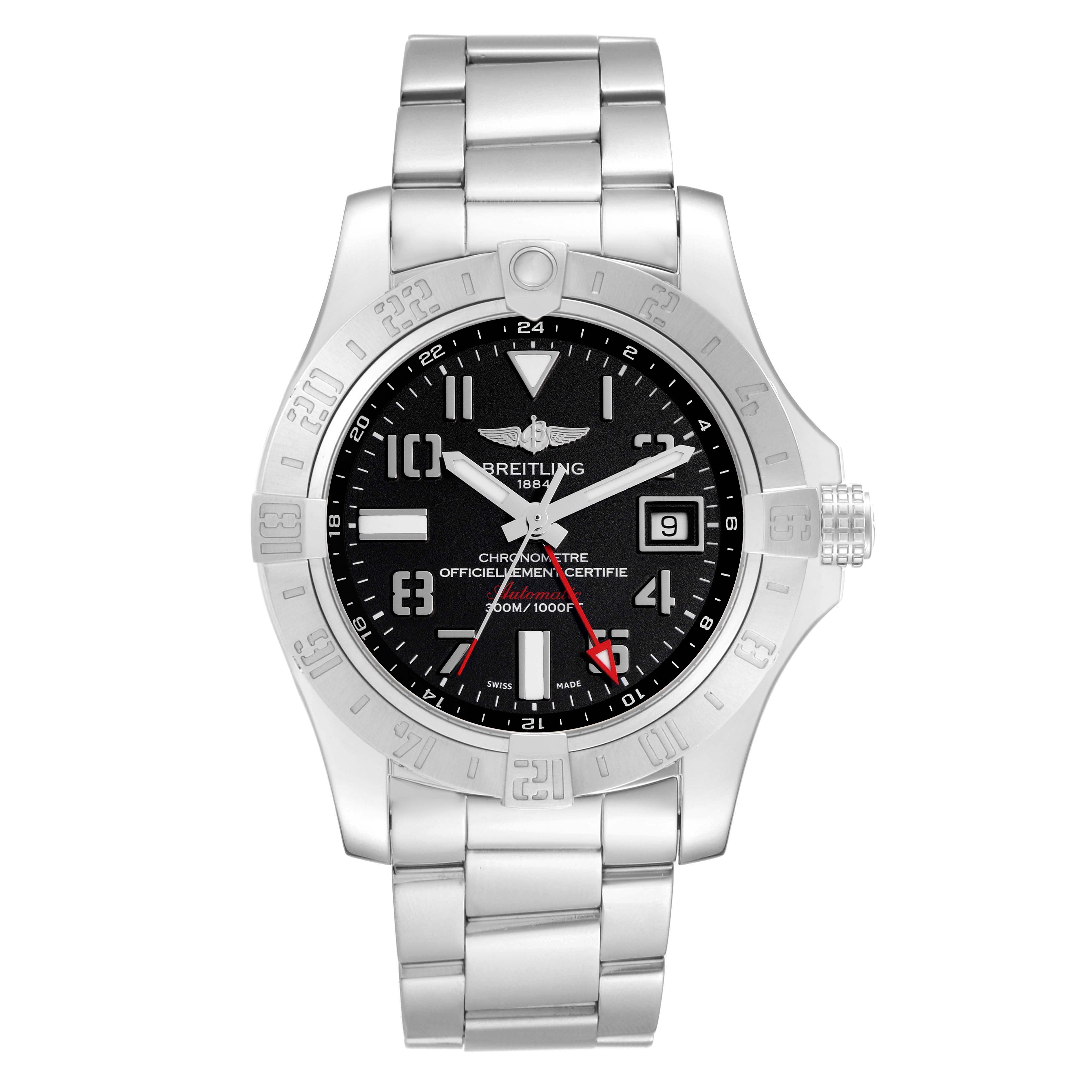 The image shows a front view of the Breitling Avenger A32390 Men
s Stainless Steel Black Dial watch, highlighting the dial, bezel, and metal bracelet.