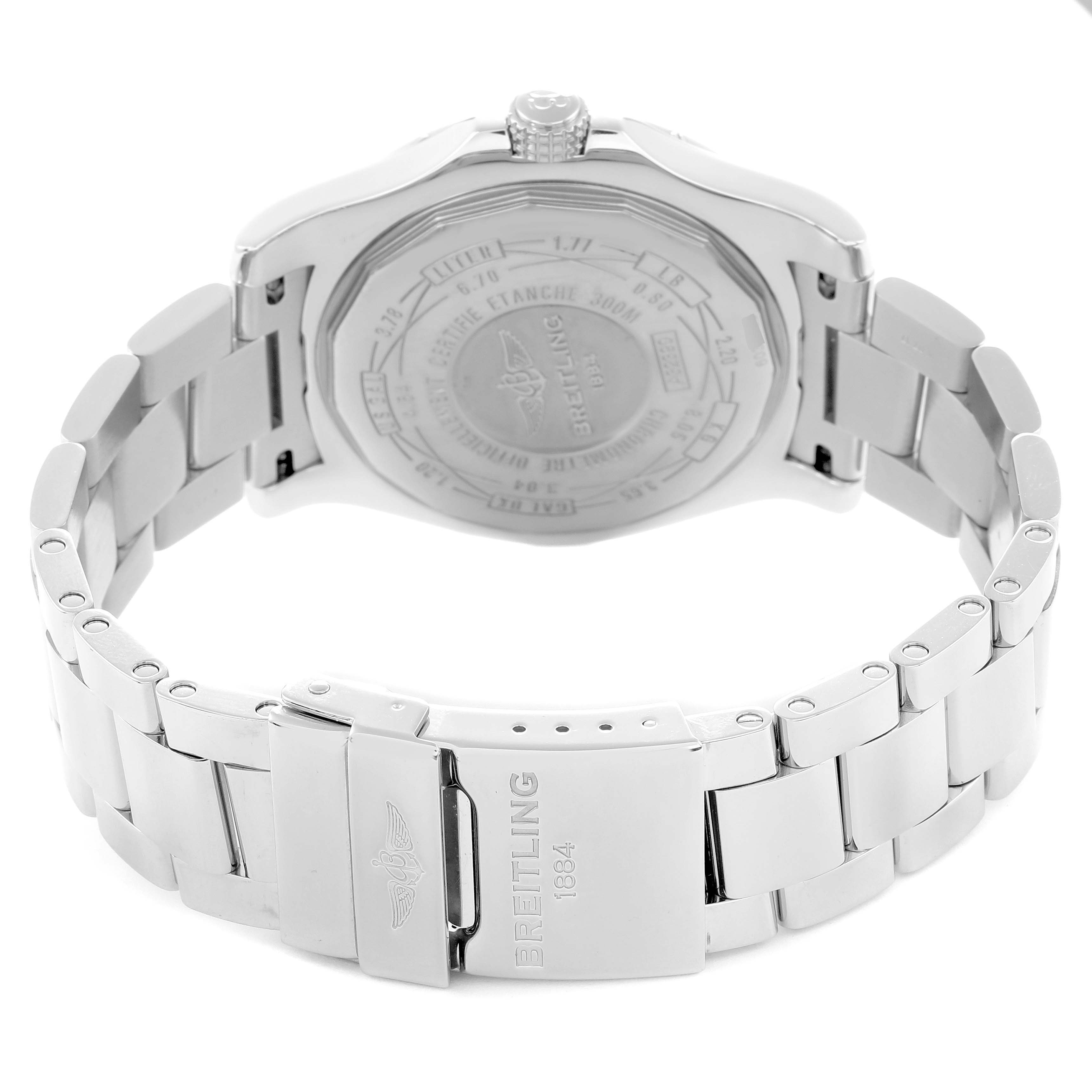 The image shows the back view of the Breitling Avenger A32390 Men
s Stainless Steel Black Dial watch, highlighting its case back and metal bracelet with clasp.