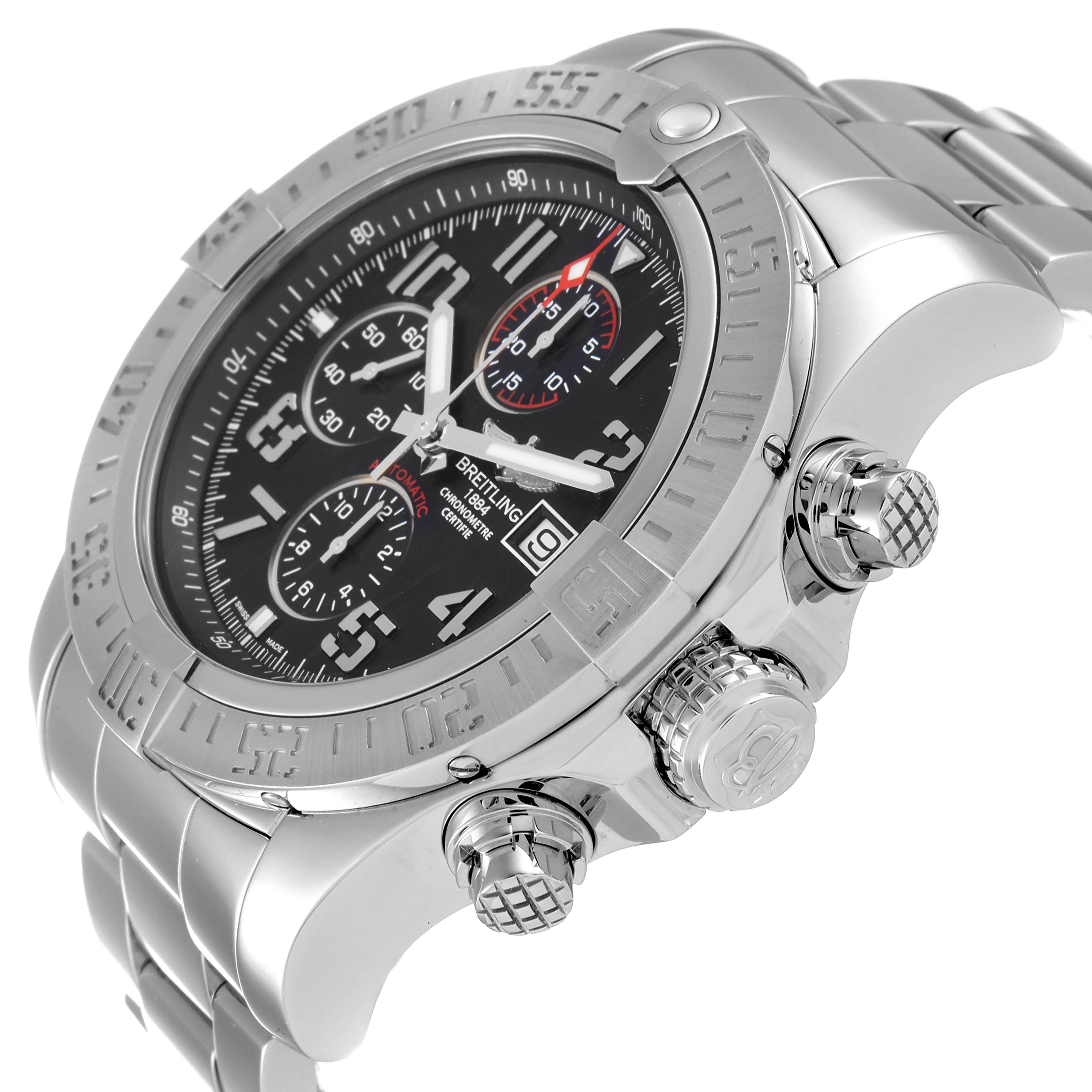 This image shows a side and front angle of the Breitling Avenger A13371 Men's Stainless Steel Black Dial A13371 Men's Stainless Steel Black Dial watch, highlighting its bezel, crown, pushers, and stainless steel strap.