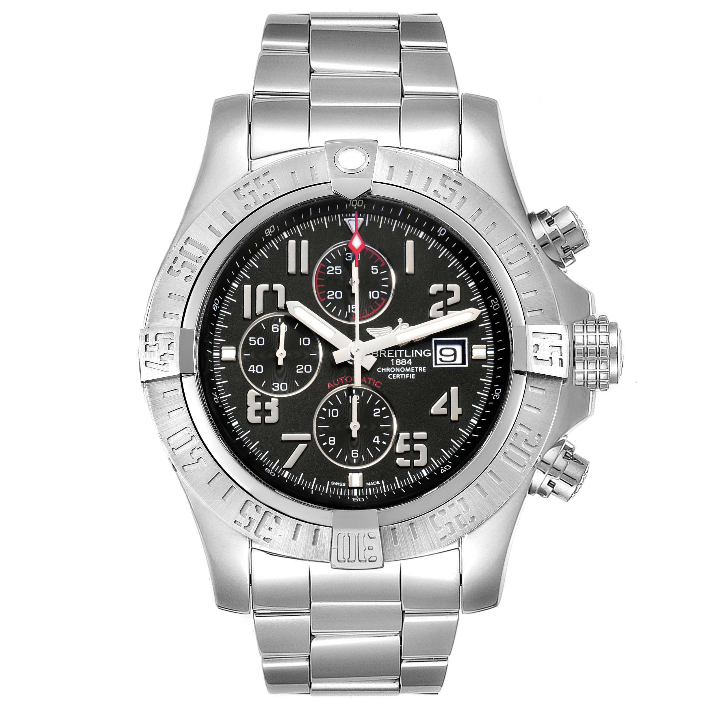 This image shows a frontal view of a Breitling Avenger A13371 Men's Stainless Steel Black Dial A13371 Men's Stainless Steel Black Dial watch, displaying its bezel, dial, chronograph subdials, and metal bracelet.