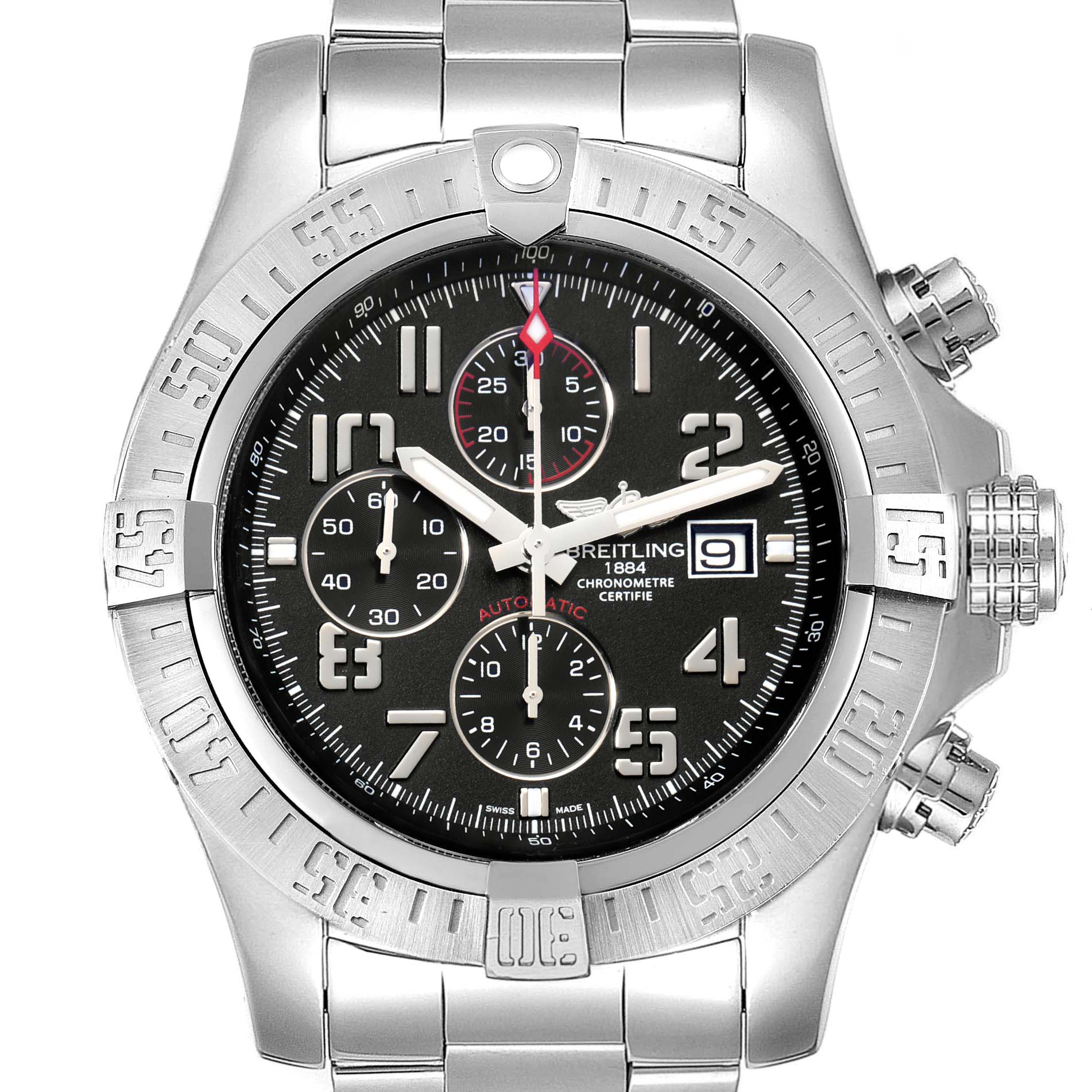 This image shows a front view of a Breitling Avenger A13371 Men's Stainless Steel Black Dial A13371 Men's Stainless Steel Black Dial watch, displaying its dial, bezel, crown, and chronograph sub-dials.