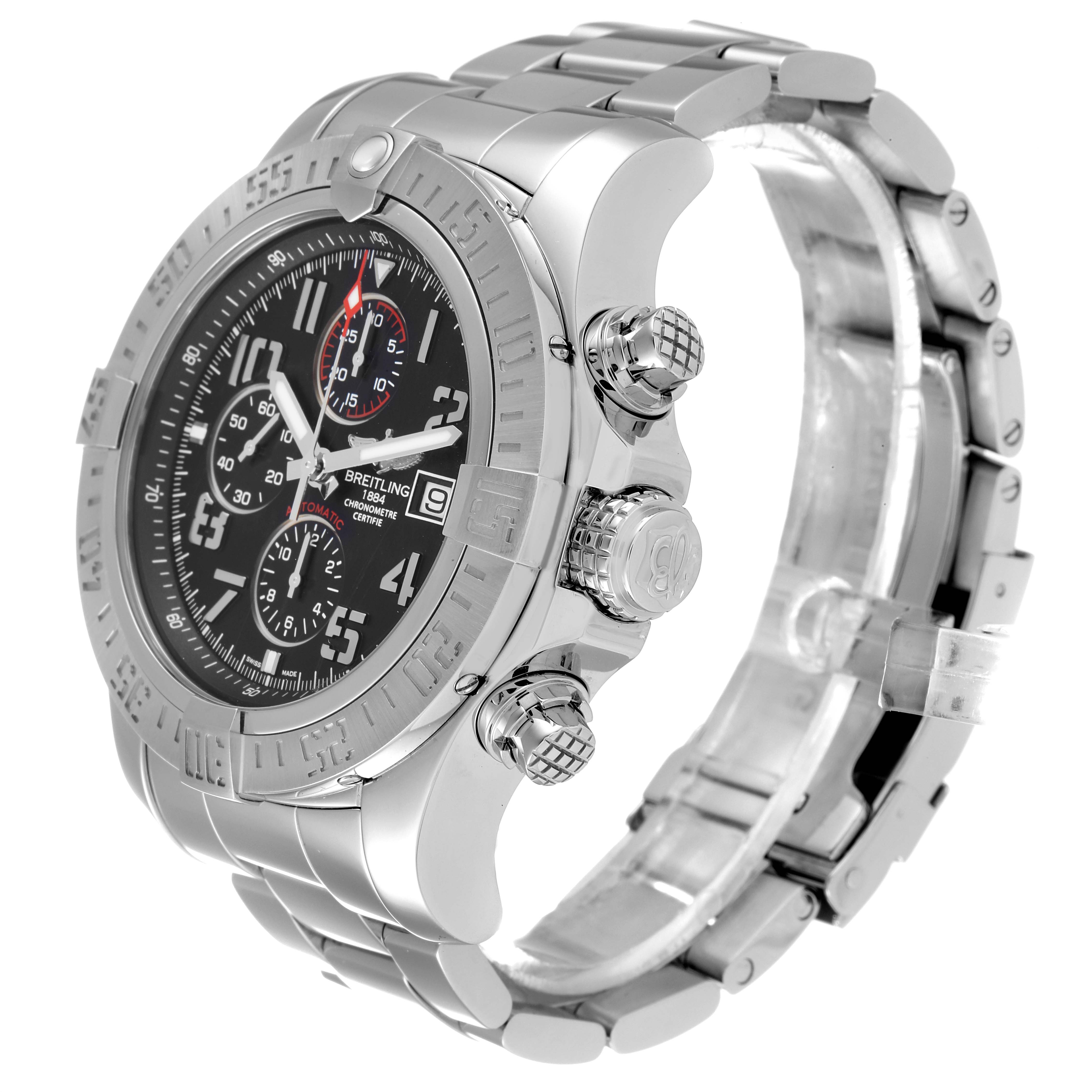 The Breitling Avenger A13371 Men's Stainless Steel Black Dial A13371 Men's Stainless Steel Black Dial watch is shown at a three-quarter angle, highlighting the dial, bezel, crown, pushers, and metal bracelet.