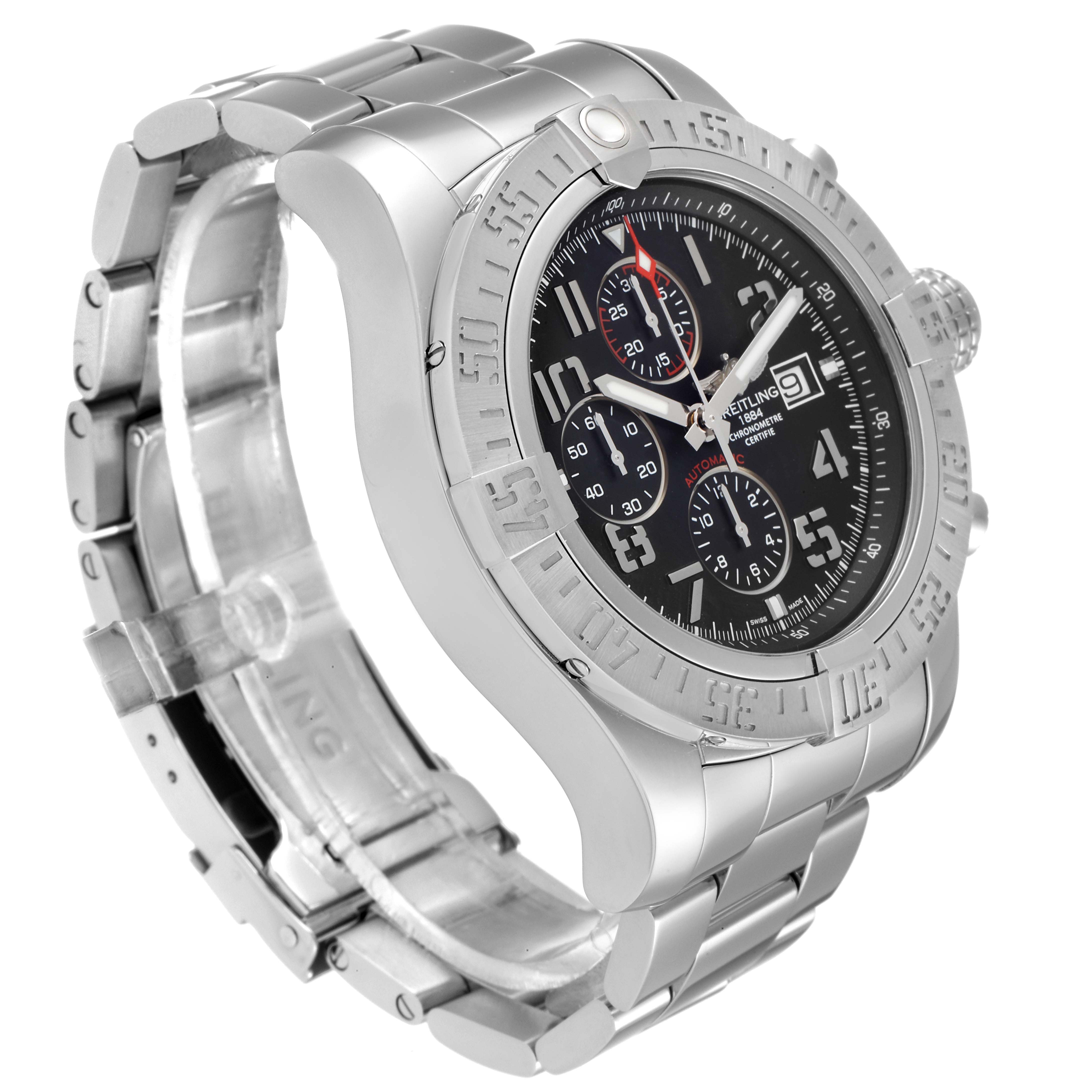The Breitling Avenger A13371 Men's Stainless Steel Black Dial A13371 Men's Stainless Steel Black Dial watch is shown at an angle highlighting the face, bezel, chronograph, and part of the metal bracelet.