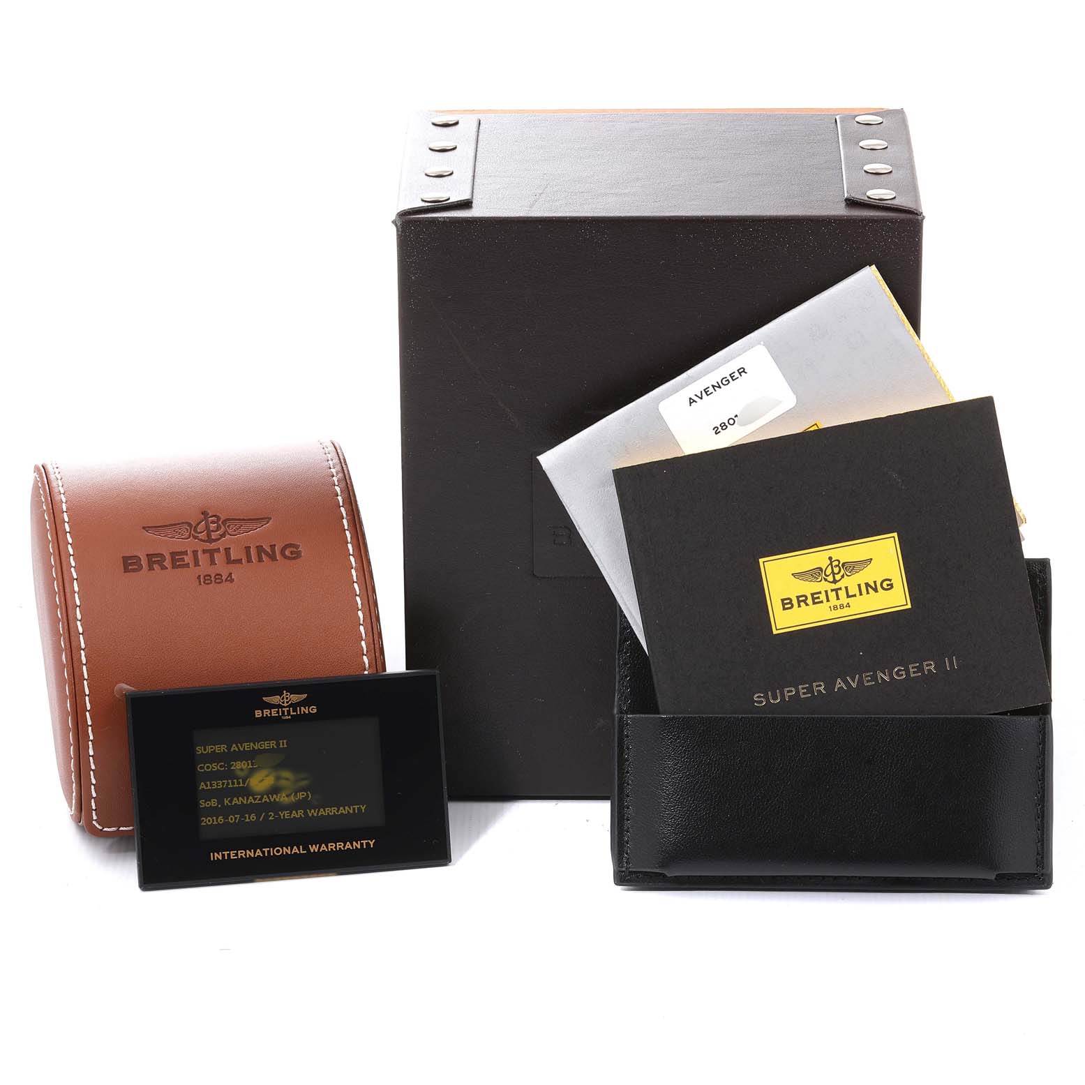 The image shows the packaging, warranty card, and manual for the Breitling Avenger A13371 Men's Stainless Steel Black Dial A13371 Men's Stainless Steel Black Dial watch.