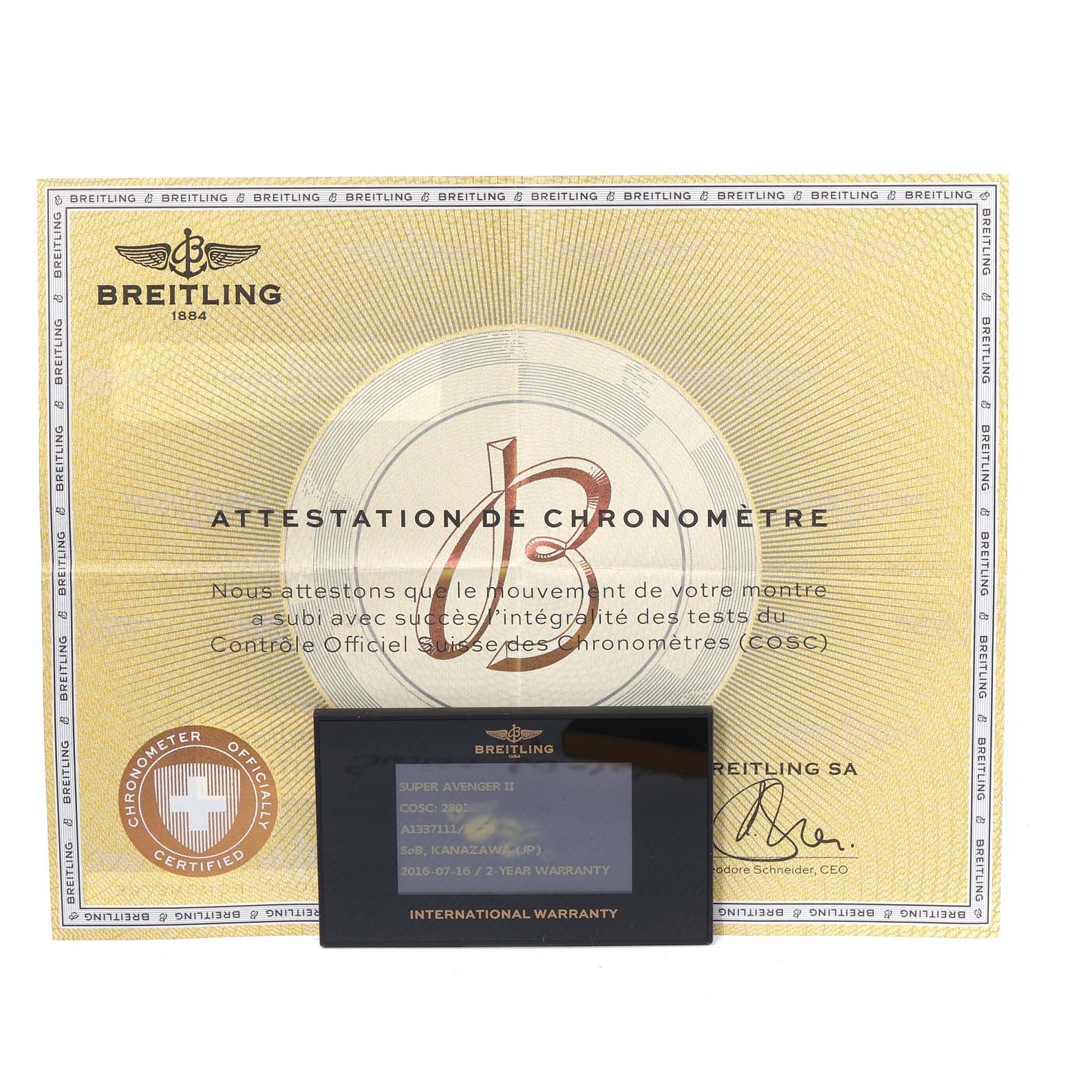 The image shows the certificate and international warranty card for a Breitling Avenger A13371 Men's Stainless Steel Black Dial A13371 Men's Stainless Steel Black Dial model watch.