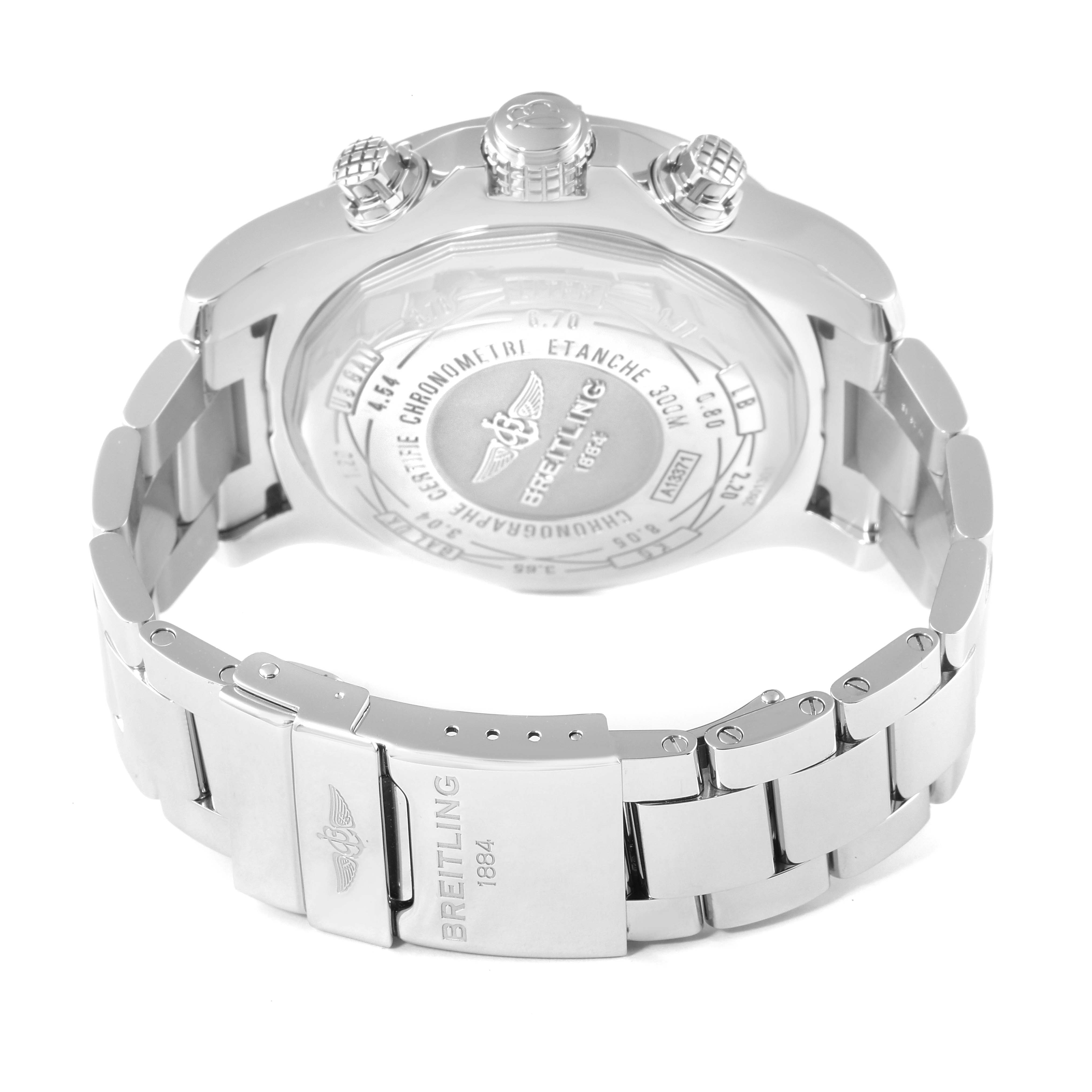 The image shows the back case and stainless steel band of a Breitling Avenger A13371 Men's Stainless Steel Black Dial A13371 Men's Stainless Steel Black Dial watch.