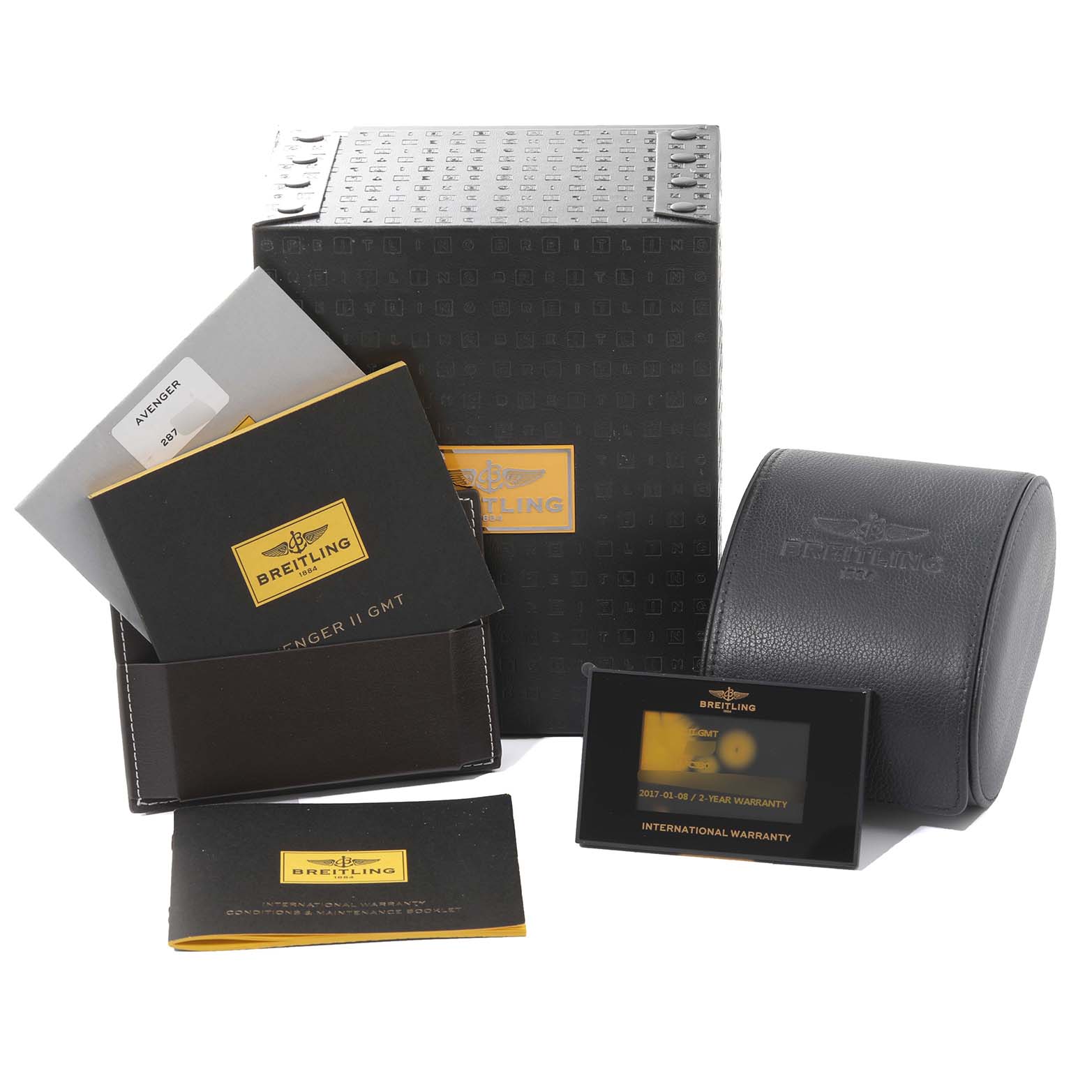 The image shows packaging, manuals, warranty cards, and a storage box for the Breitling Avenger A3239011/C930 Men's Stainless Steel Mother of Pearl Dial A3239011/C930 Men's Stainless Steel Mother of Pearl Dial watch model.