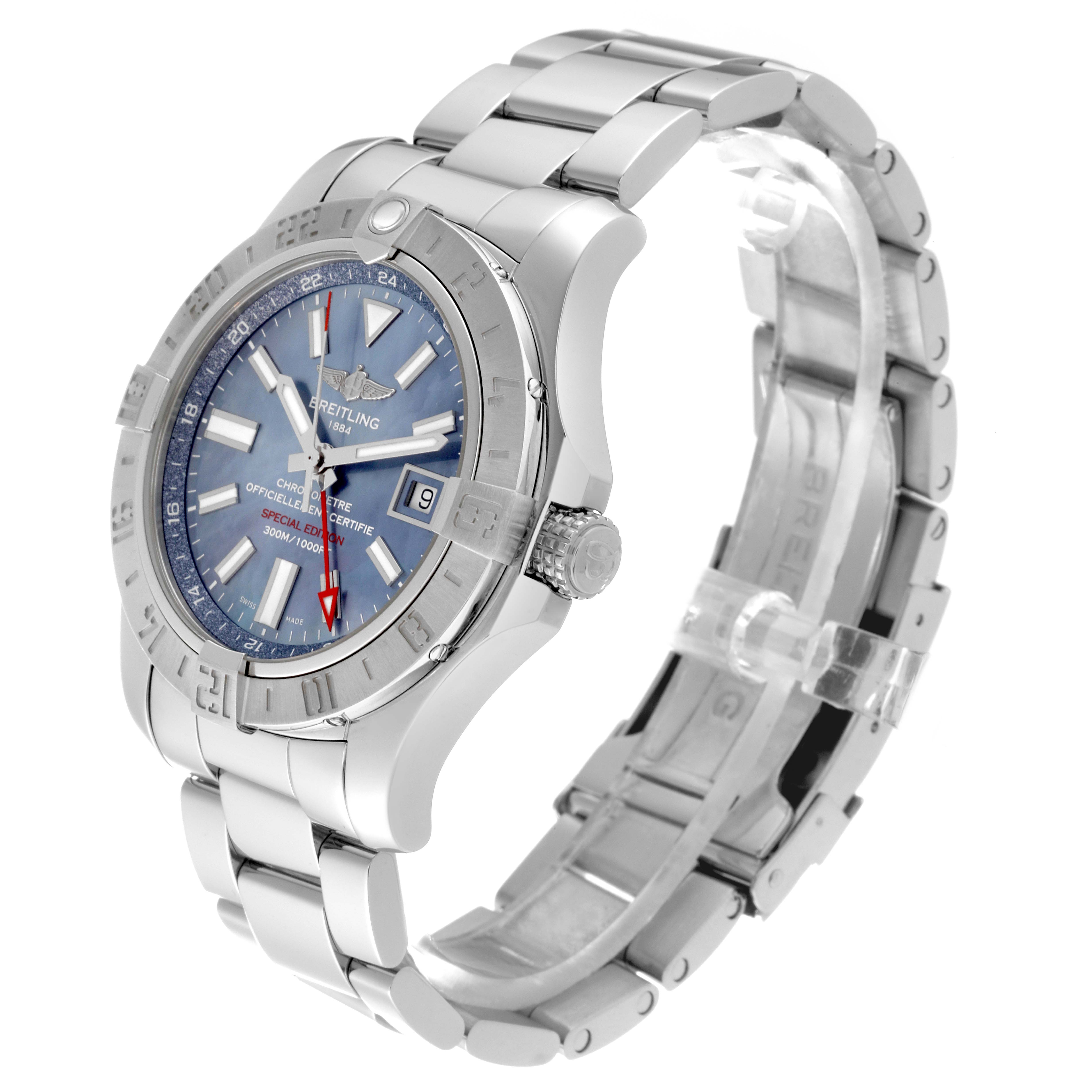 The image shows a Breitling Avenger A3239011/C930 Men's Stainless Steel Mother of Pearl Dial A3239011/C930 Men's Stainless Steel Mother of Pearl Dial watch viewed from a three-quarter angle showcasing the dial, bezel, crown, and bracelet.