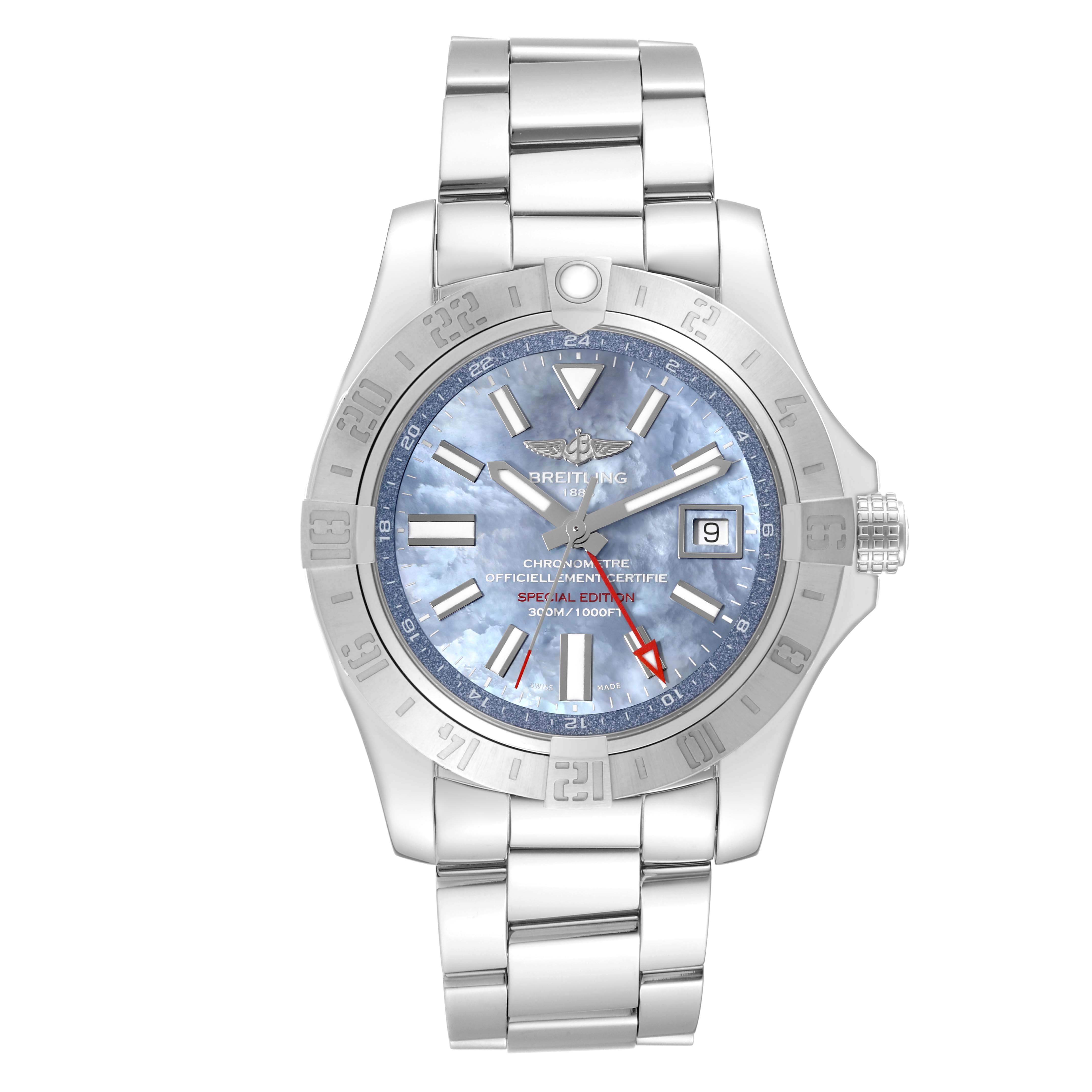 The image shows a frontal view of the Breitling Avenger A3239011/C930 Men's Stainless Steel Mother of Pearl Dial A3239011/C930 Men's Stainless Steel Mother of Pearl Dial watch, highlighting its dial, bezel, and stainless steel bracelet.