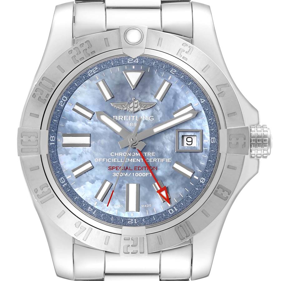 Breitling Avenger II GMT Blue Mother of Pearl Dial Steel Mens Watch A32390 Box Card SwissWatchExpo