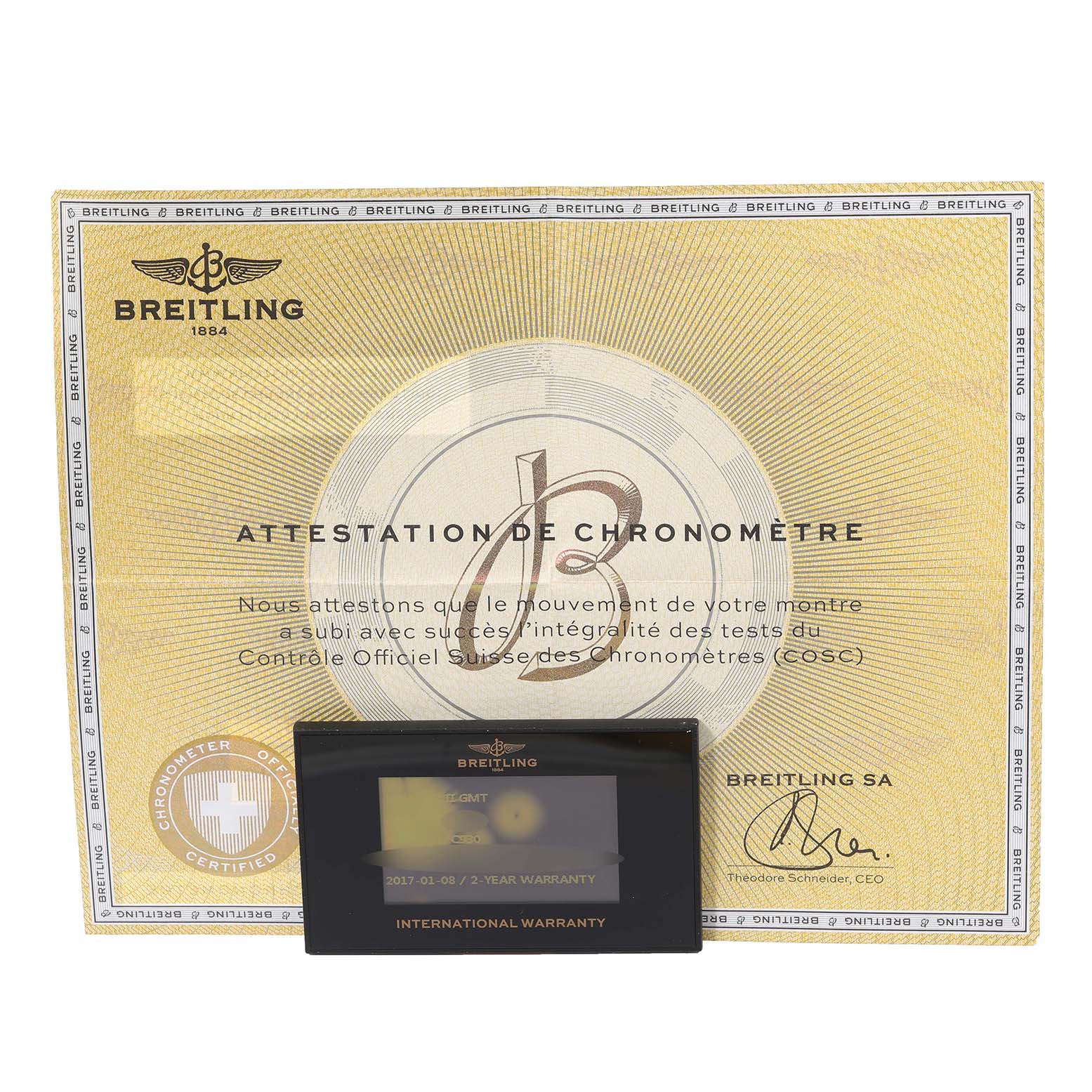 The image shows the Breitling Avenger A3239011/C930 Men's Stainless Steel Mother of Pearl Dial A3239011/C930 Men's Stainless Steel Mother of Pearl Dial model's Chronometer Certificate and International Warranty card.