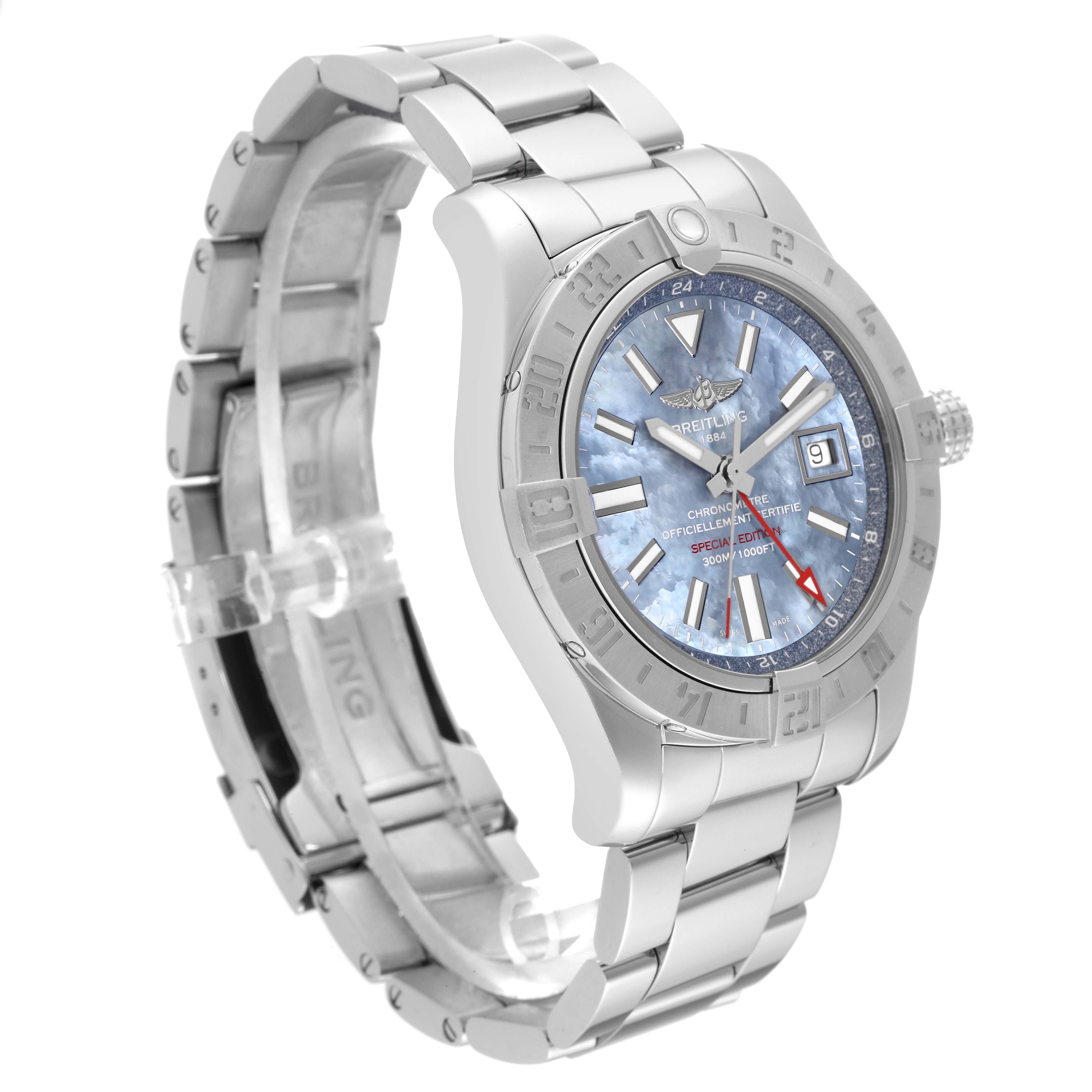 The image shows a side angle view of a Breitling Avenger A3239011/C930 Men's Stainless Steel Mother of Pearl Dial A3239011/C930 Men's Stainless Steel Mother of Pearl Dial watch, highlighting its bracelet, bezel, and dial.