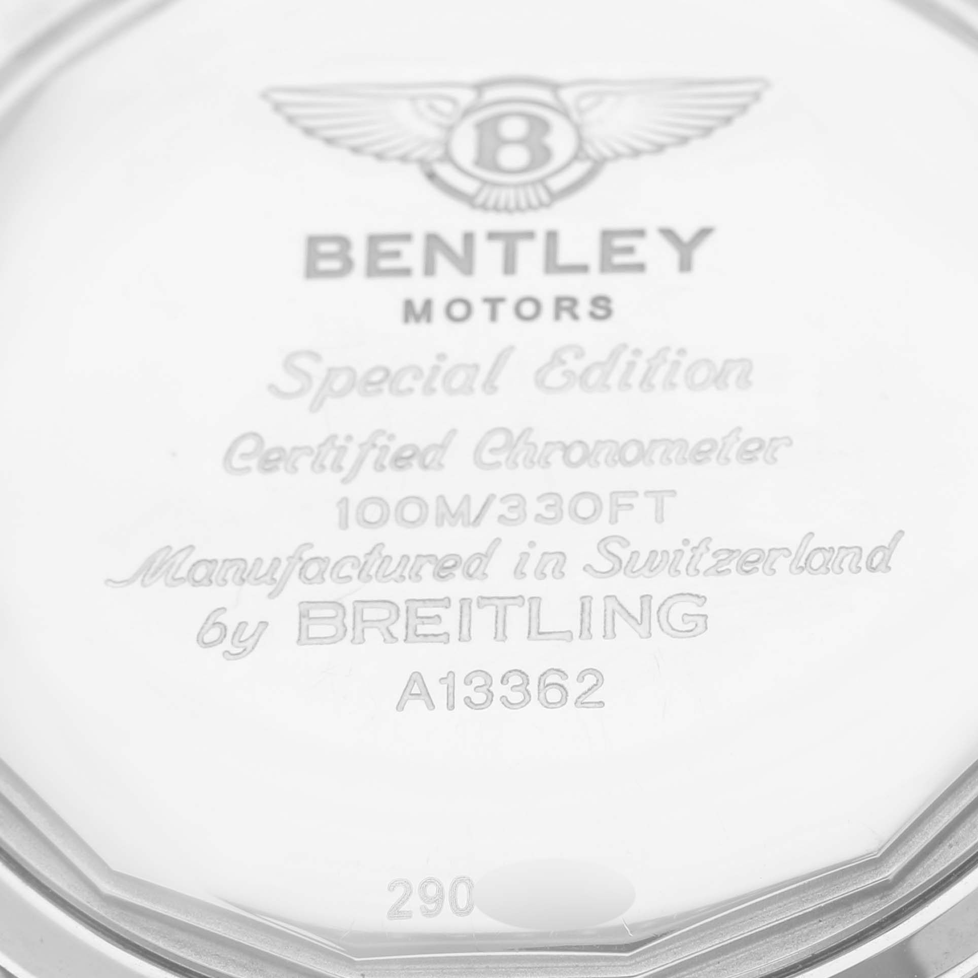 The image shows the case back of the Breitling Bentley A1336224/Q614 Men
s Stainless Steel Brown Dial A1336224/Q614 Men
s Stainless Steel Brown Dial model watch, displaying branding and specifications.