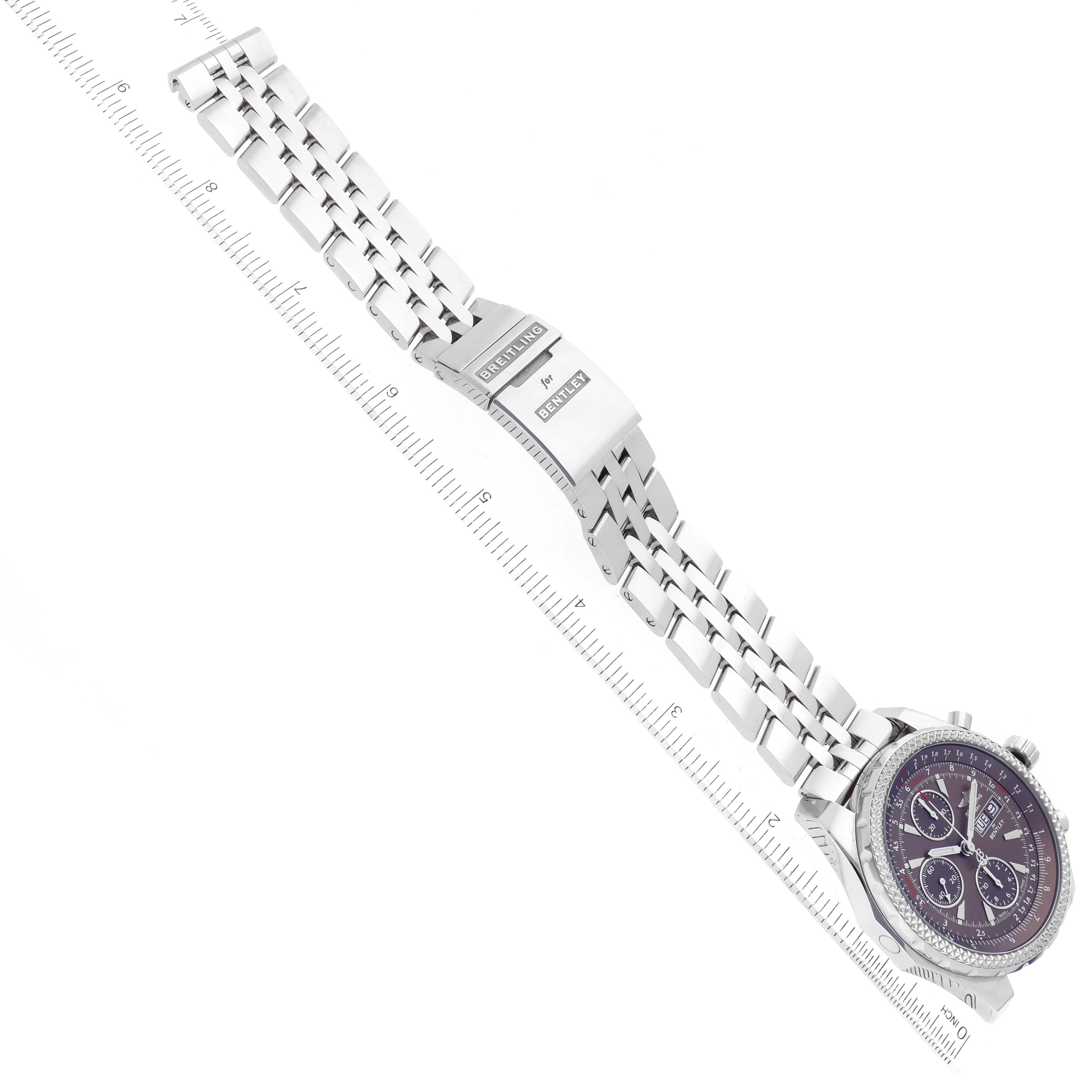 This image shows the full length of the Breitling Bentley A1336224/Q614 Men
s Stainless Steel Brown Dial A1336224/Q614 Men
s Stainless Steel Brown Dial watch from an overhead angle, highlighting the metal band and clasp.