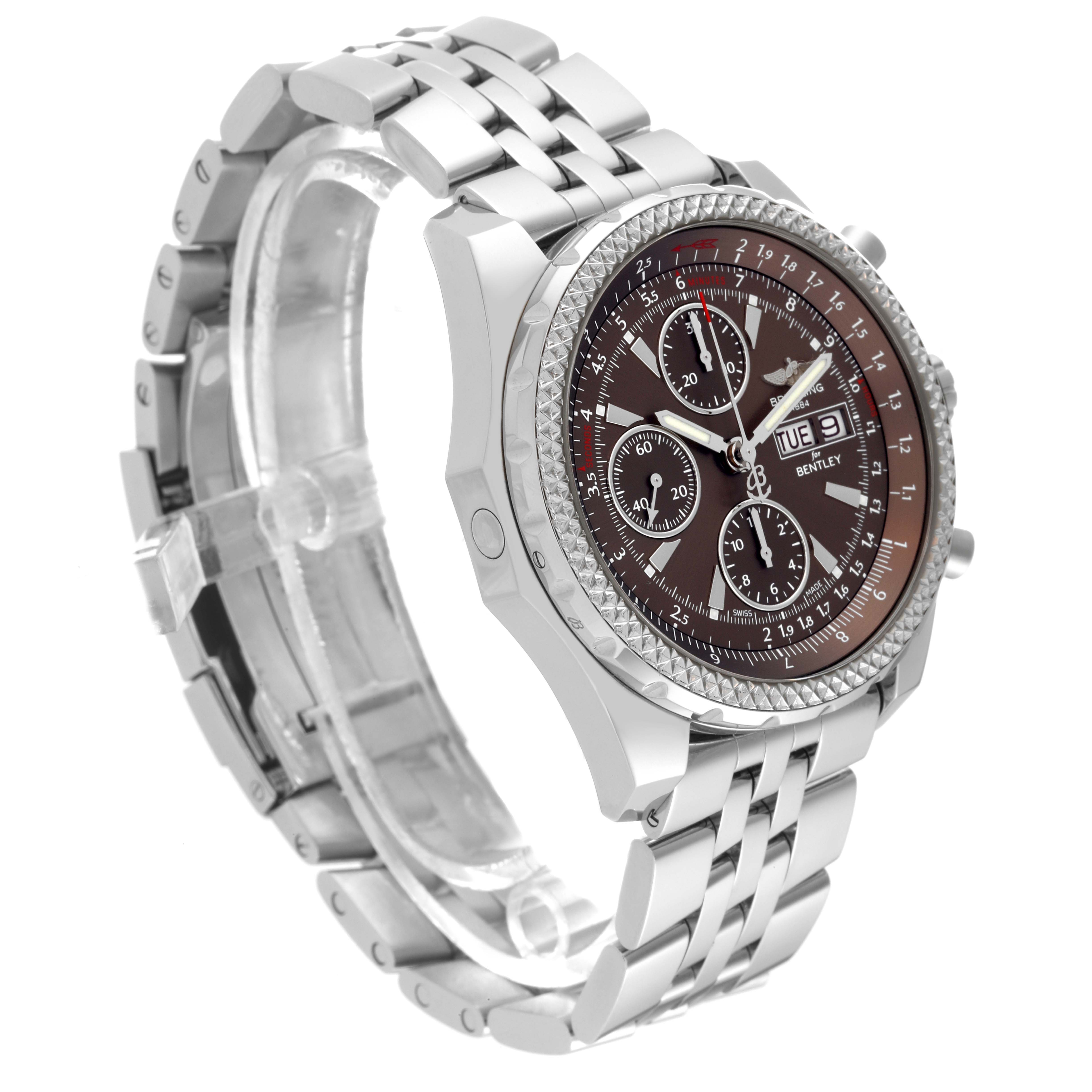 The Breitling Bentley A1336224/Q614 Men
s Stainless Steel Brown Dial A1336224/Q614 Men
s Stainless Steel Brown Dial model watch is shown at a three-quarters angle, displaying the dial, bezel, and metal bracelet.