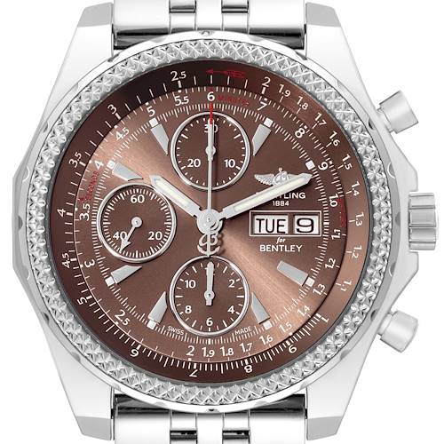 The image shows a front view of a Breitling Bentley model watch, highlighting its dial, hands, subdials, and date display.