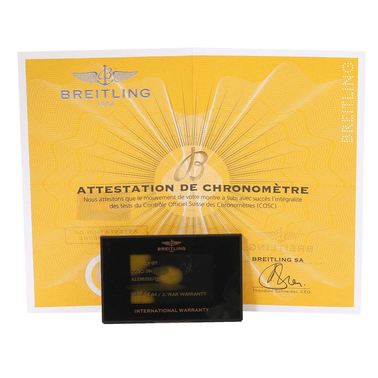 This image shows the certificate and warranty card for a Breitling Bentley A1336224/Q614 Men
s Stainless Steel Brown Dial A1336224/Q614 Men
s Stainless Steel Brown Dial model watch.