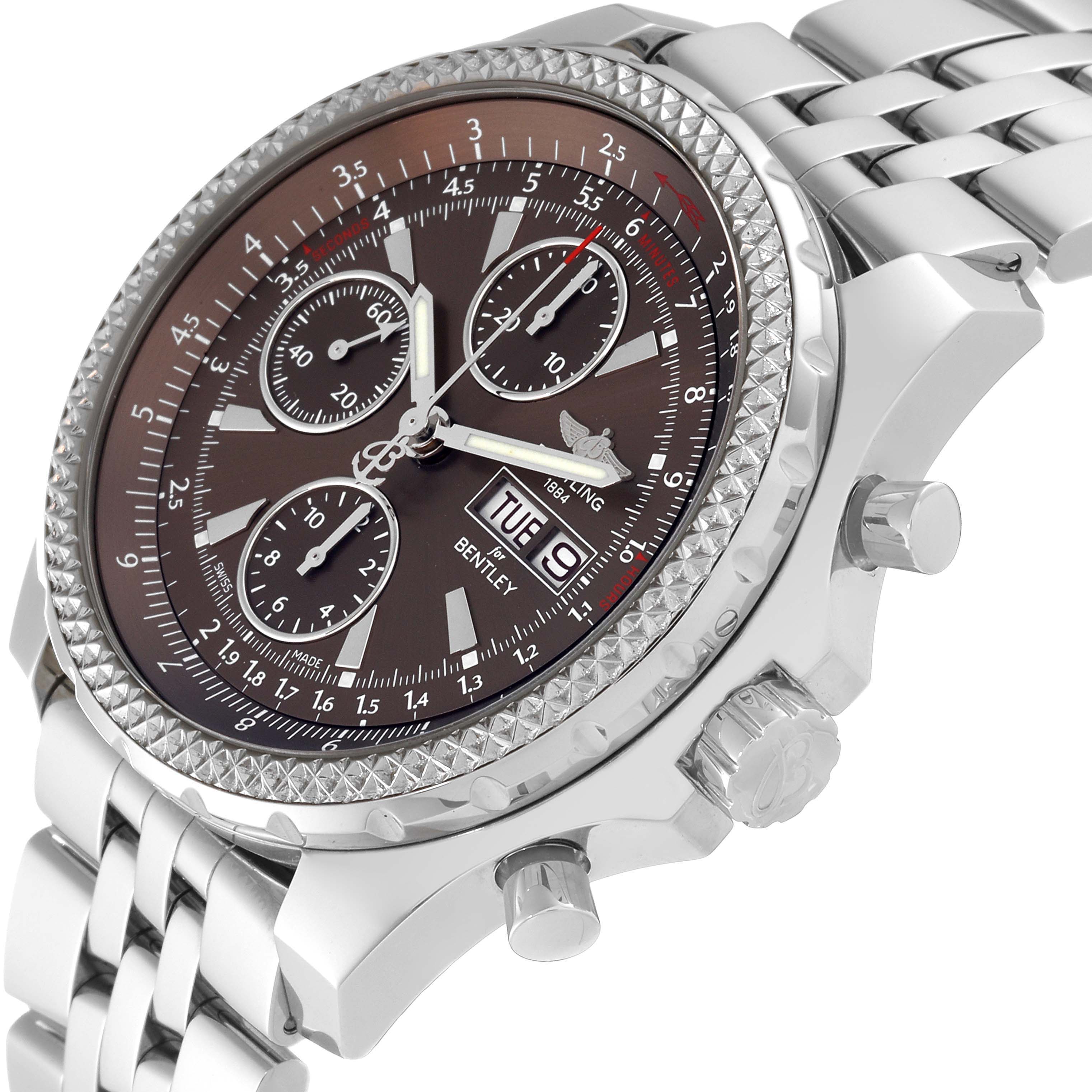 This Breitling Bentley A1336224/Q614 Men
s Stainless Steel Brown Dial A1336224/Q614 Men
s Stainless Steel Brown Dial watch is shown from a tilted angle, displaying its face, chronograph dials, date window, and part of the metal bracelet.