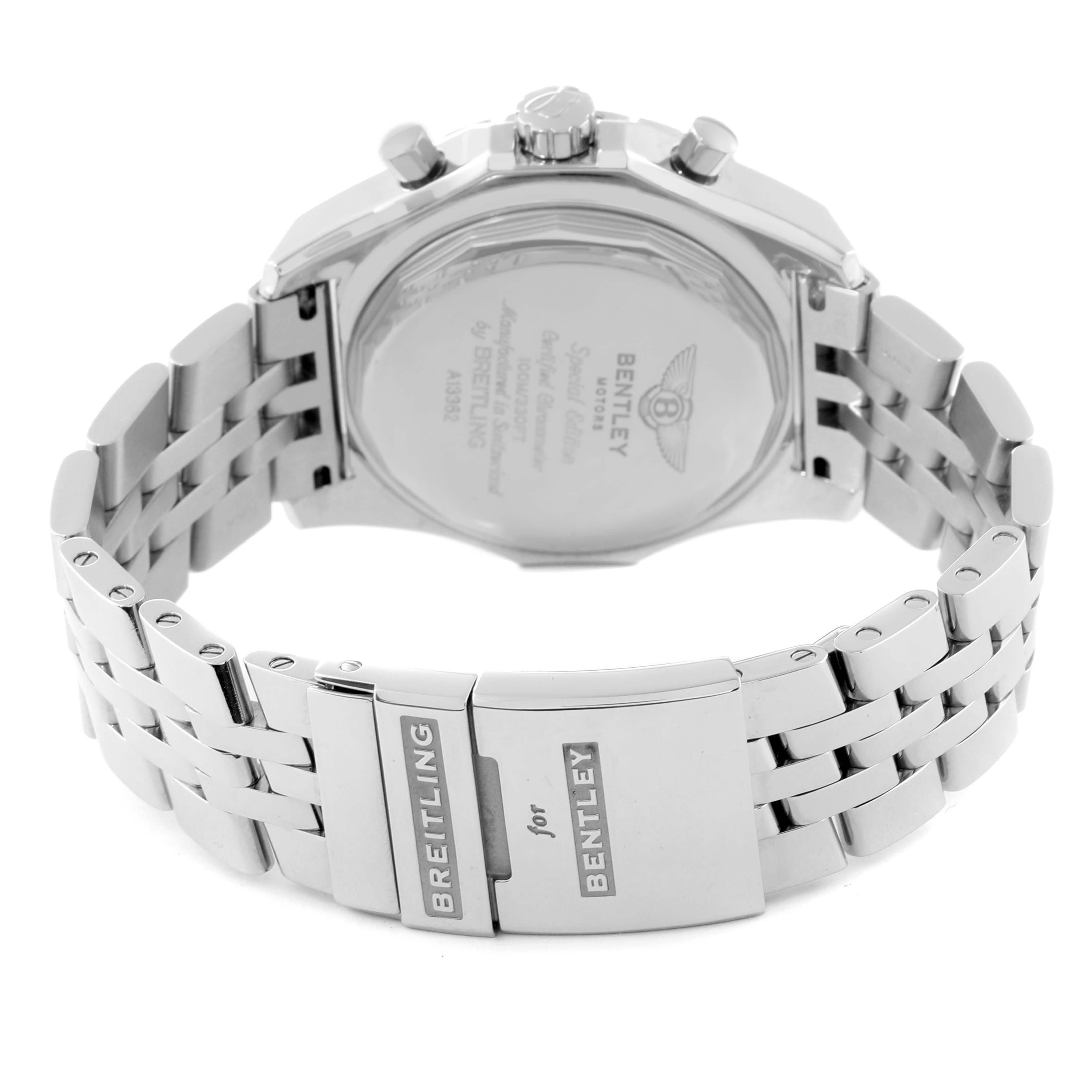 This image shows the back case and bracelet clasp of a Breitling Bentley A1336224/Q614 Men
s Stainless Steel Brown Dial A1336224/Q614 Men
s Stainless Steel Brown Dial model watch from a rear angle.