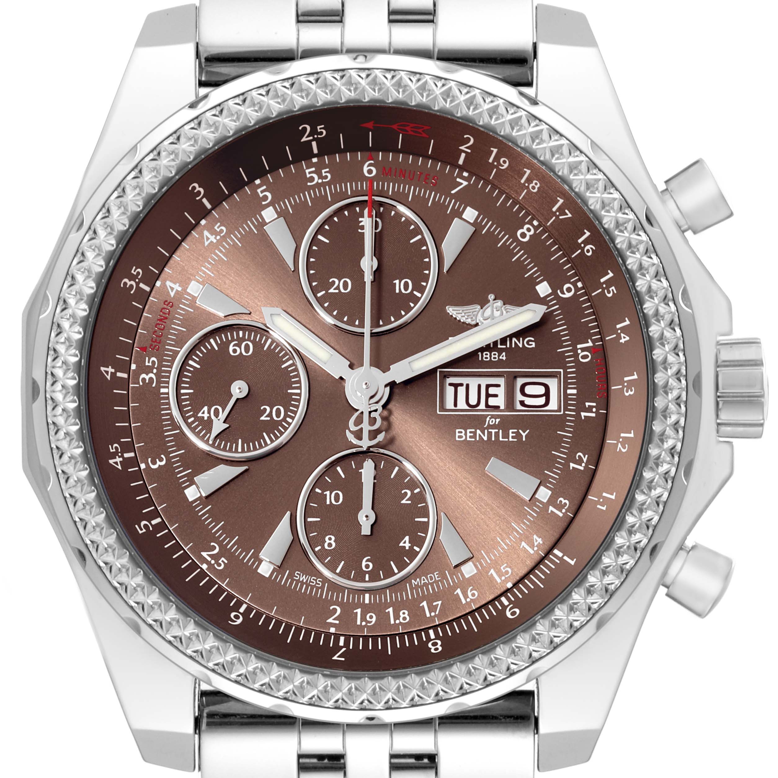 This Breitling Bentley A1336224/Q614 Men
s Stainless Steel Brown Dial A1336224/Q614 Men
s Stainless Steel Brown Dial model watch is shown from the front angle, displaying its dial, hands, subdials, and part of the bracelet.