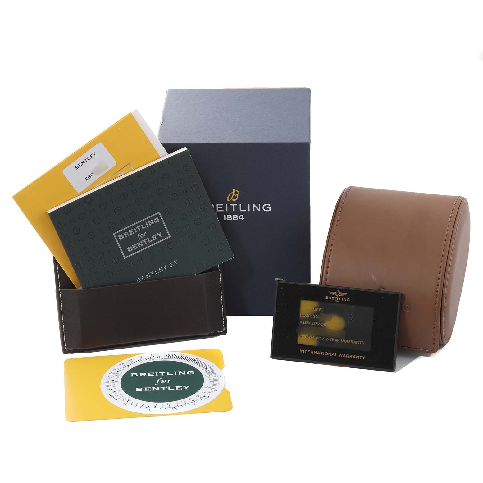 The image shows a Breitling Bentley A1336224/Q614 Men
s Stainless Steel Brown Dial A1336224/Q614 Men
s Stainless Steel Brown Dial watch box, manuals, warranty card, and a brown leather watch case from a front angle.