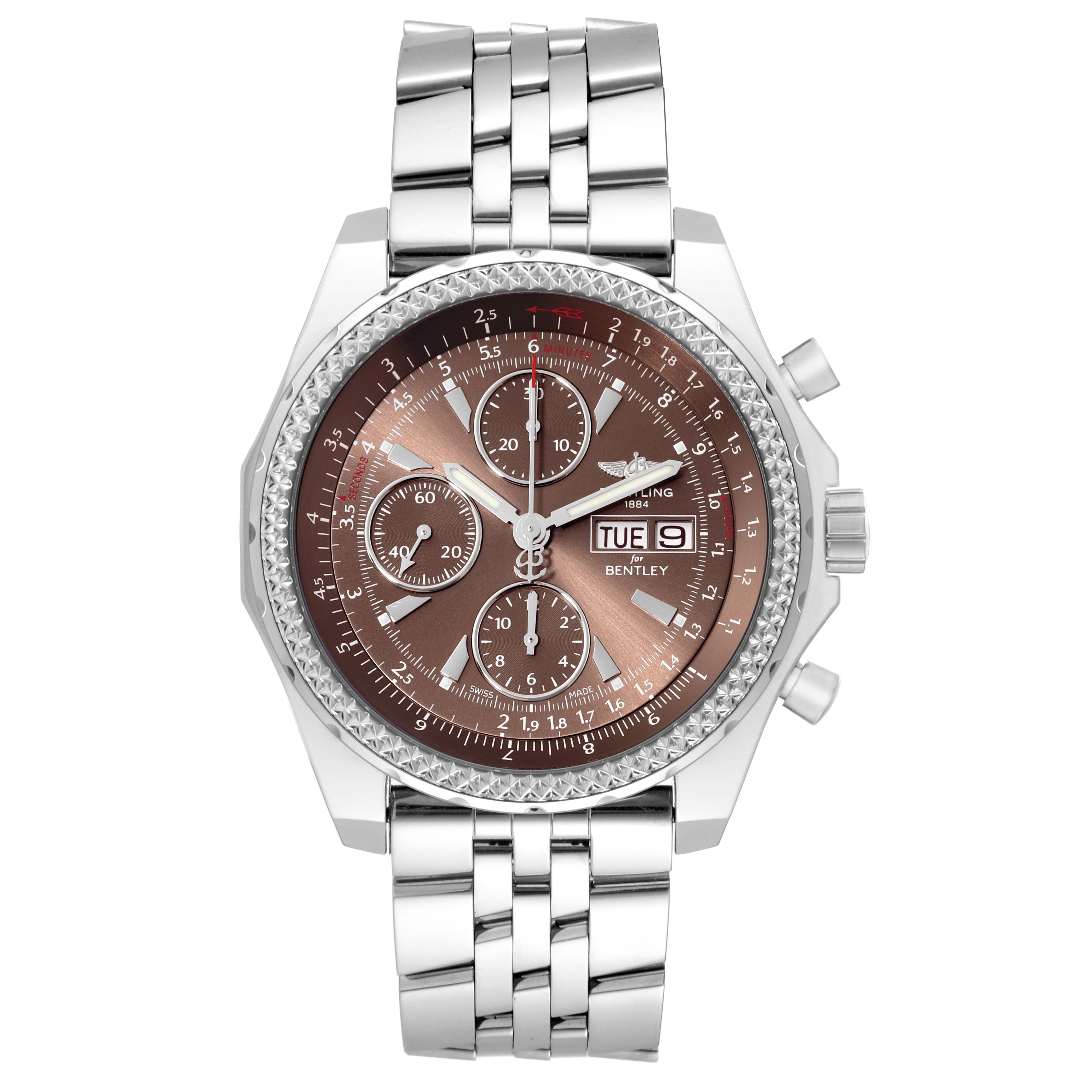 The image shows a front view of the Breitling Bentley A1336224/Q614 Men
s Stainless Steel Brown Dial A1336224/Q614 Men
s Stainless Steel Brown Dial watch, showcasing its stainless steel bracelet, brown dial, and chronograph features.