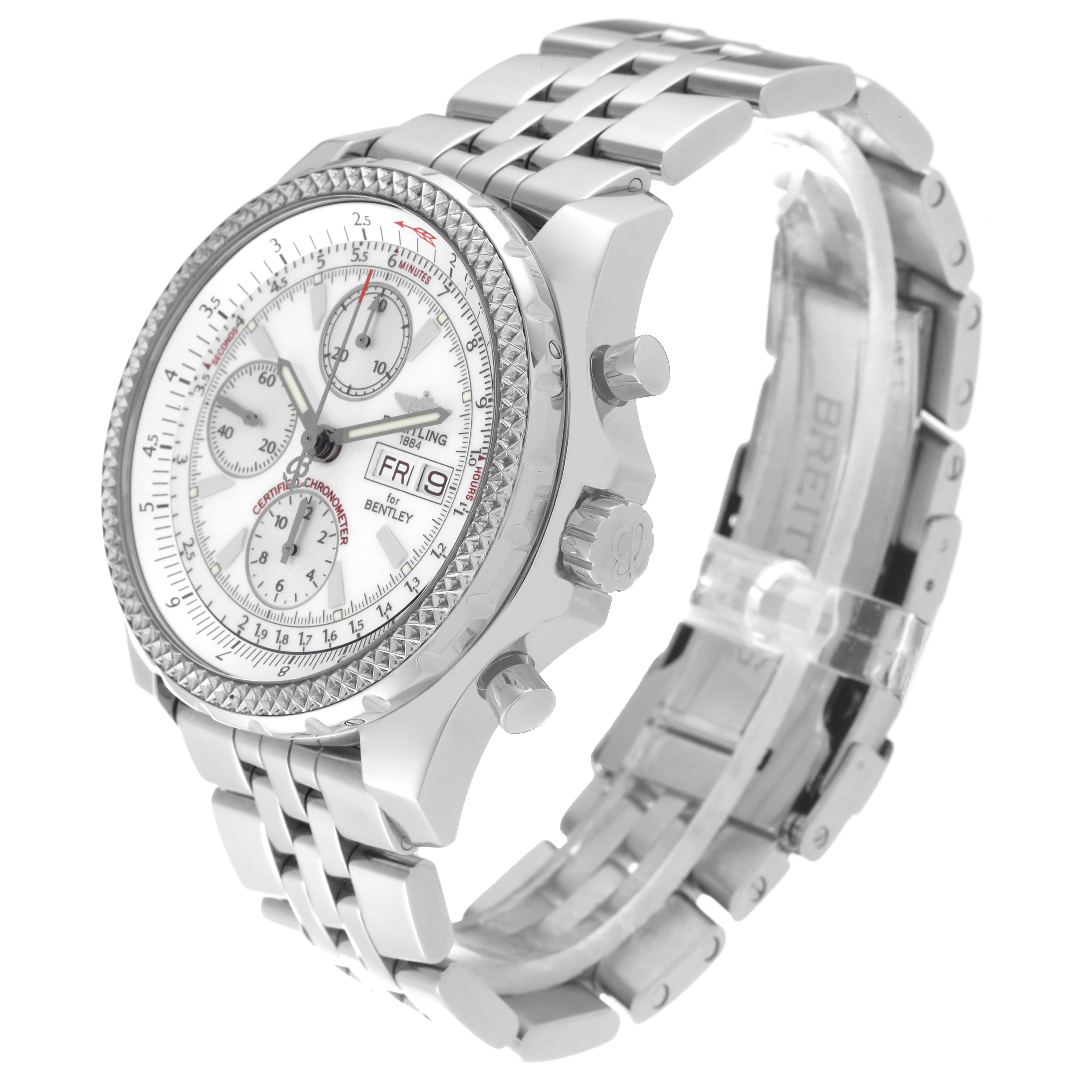 The image shows a Breitling Bentley A13362 Men's Stainless Steel White Dial A13362 Men's Stainless Steel White Dial watch at a three-quarter angle, focusing on its face, crown, pushers, and bracelet.