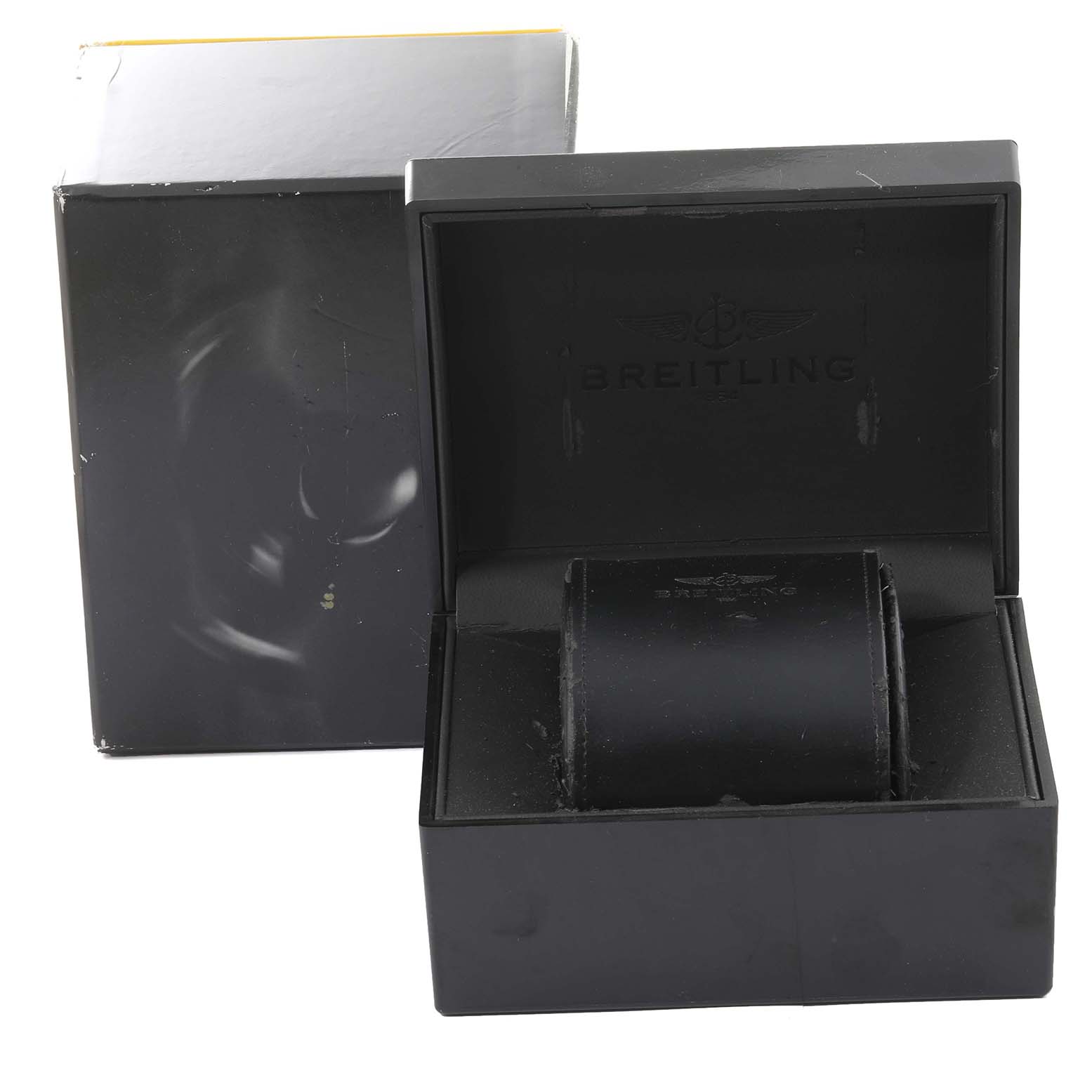 The image shows the opened black box and interior packaging for a Breitling Bentley A13362 Men's Stainless Steel White Dial A13362 Men's Stainless Steel White Dial model watch.