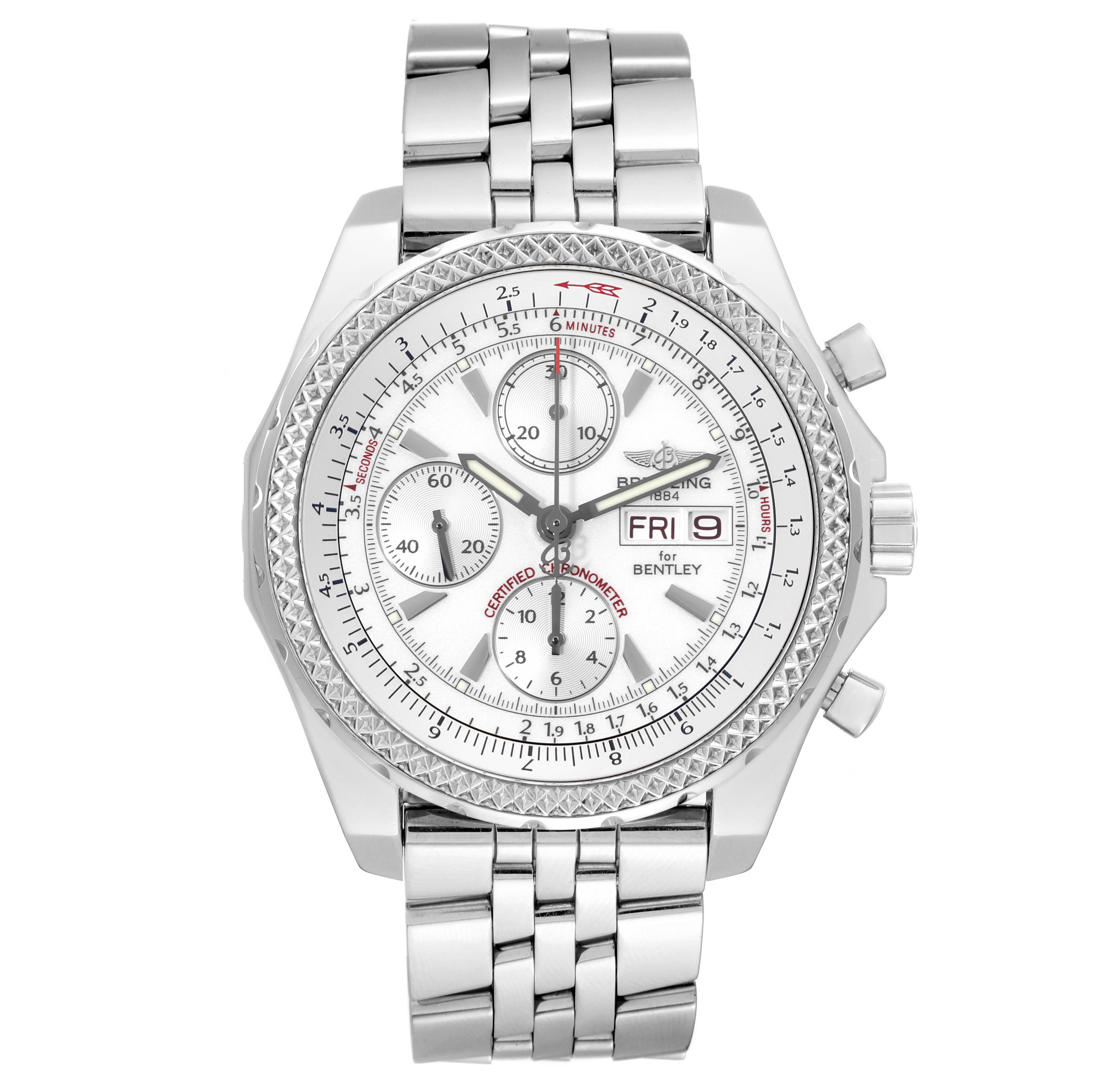 The image shows a front view of the Breitling Bentley A13362 Men's Stainless Steel White Dial A13362 Men's Stainless Steel White Dial watch, displaying its face, bezel, and metal bracelet.