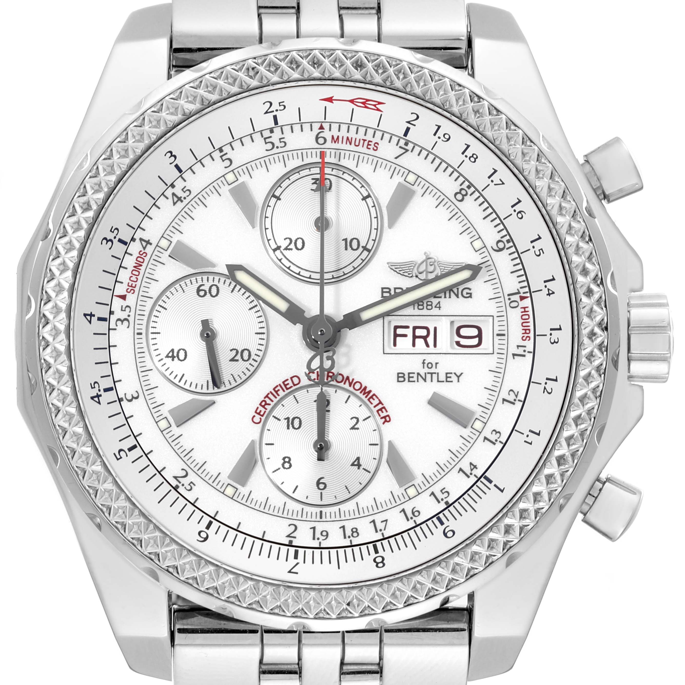The image shows a front view of the Breitling Bentley A13362 Men's Stainless Steel White Dial A13362 Men's Stainless Steel White Dial watch, highlighting its dial, bezel, subdials, and day/date display.