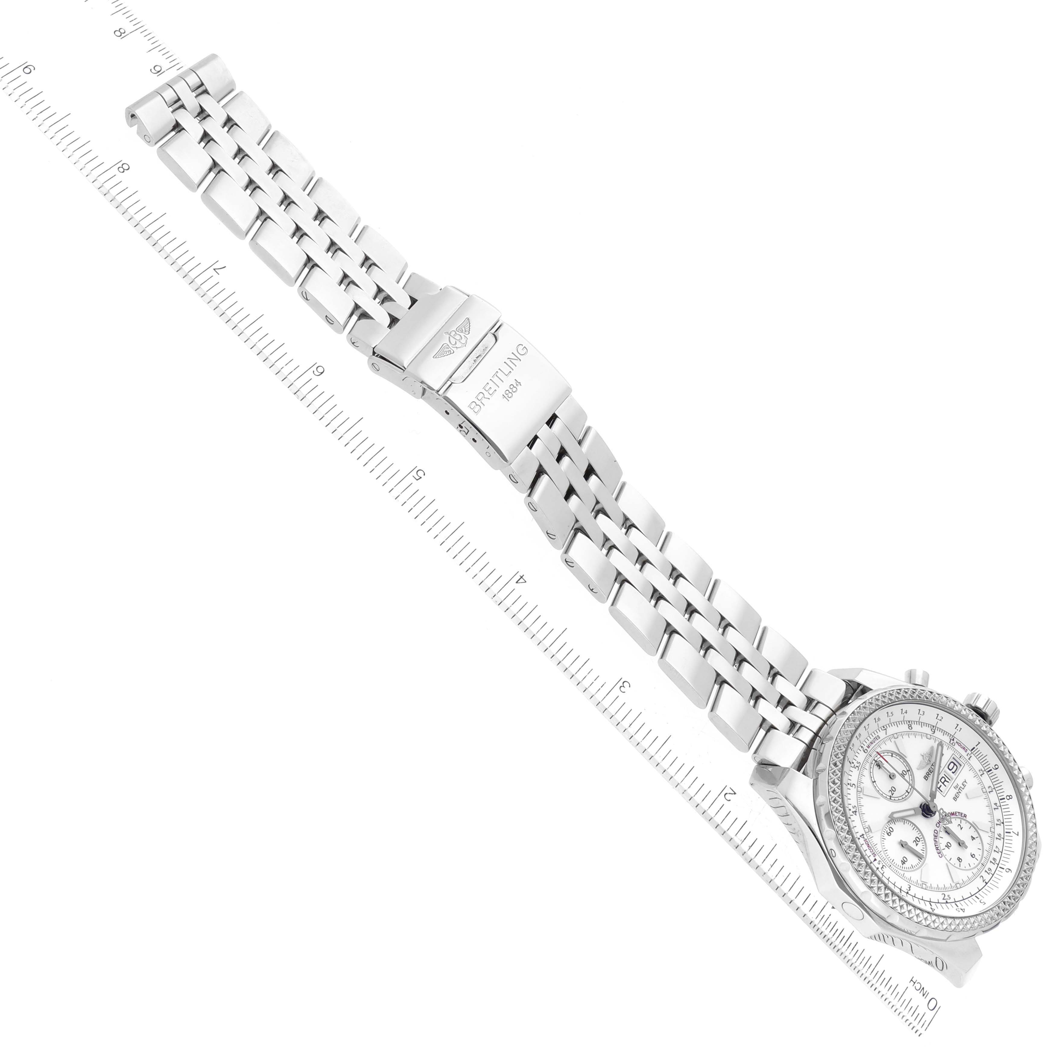 The image shows a Breitling Bentley A13362 Men's Stainless Steel White Dial A13362 Men's Stainless Steel White Dial watch from an angled top view, highlighting the band, buckle, and case with a ruler for scale.