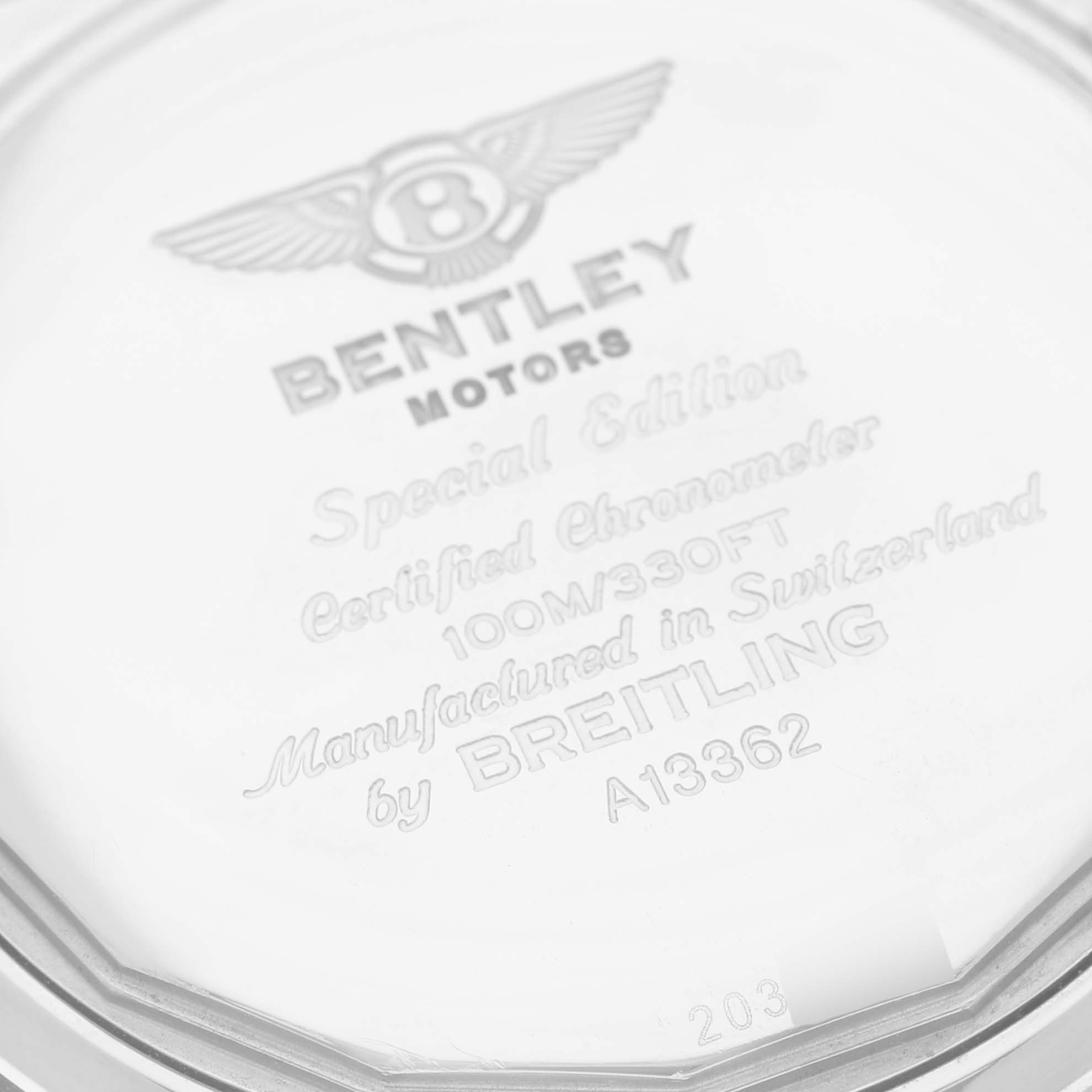 The image shows the engraved case back of the Breitling Bentley A13362 Men's Stainless Steel White Dial A13362 Men's Stainless Steel White Dial watch model.