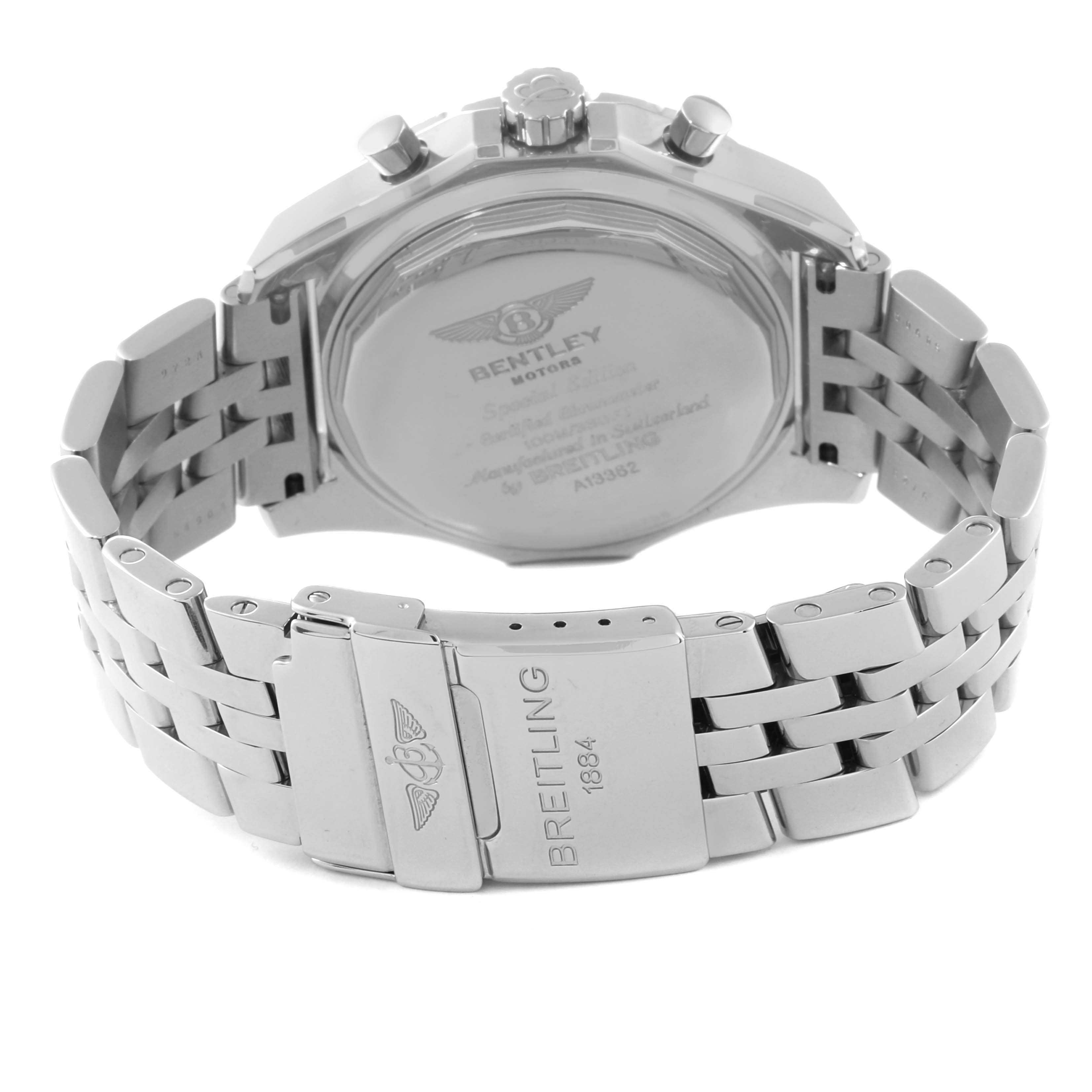 This image shows the backside of a Breitling Bentley A13362 Men's Stainless Steel White Dial A13362 Men's Stainless Steel White Dial watch, including the case back and metal bracelet clasp.