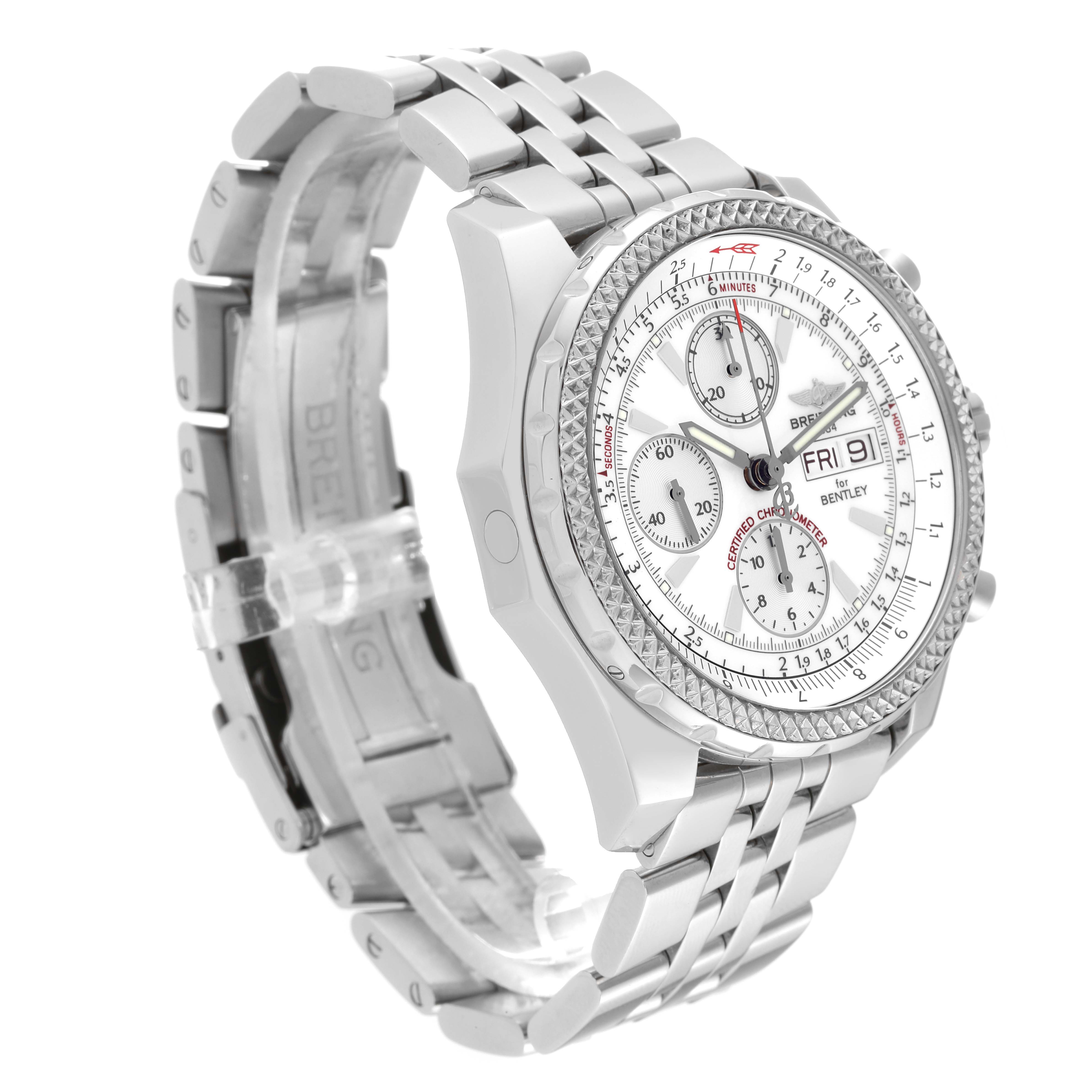 The Breitling Bentley A13362 Men's Stainless Steel White Dial A13362 Men's Stainless Steel White Dial watch is shown at a side angle, highlighting the stainless steel bracelet, textured bezel, and detailed dial.