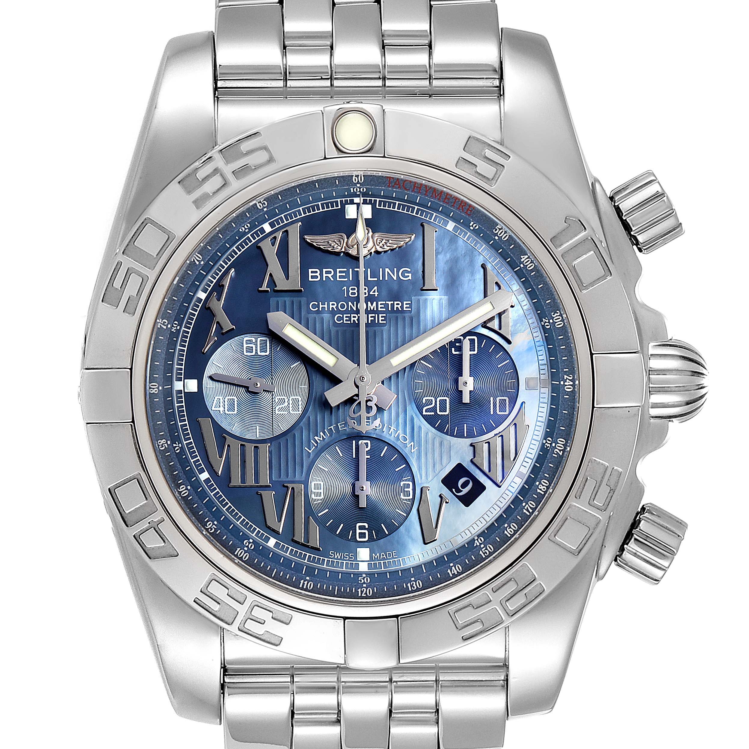 This image shows a front view of a Breitling Chronomat AB0110 Men's Stainless Steel Mother of Pearl Dial AB0110 Men's Stainless Steel Mother of Pearl Dial watch, highlighting the dial, bezel, and bracelet.